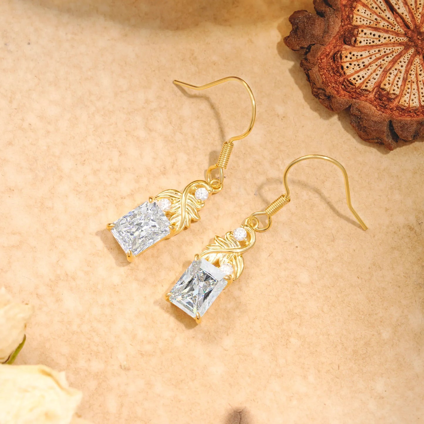 Unique Princess Cut Moissanite Earrings with Leaf Detail for Women
