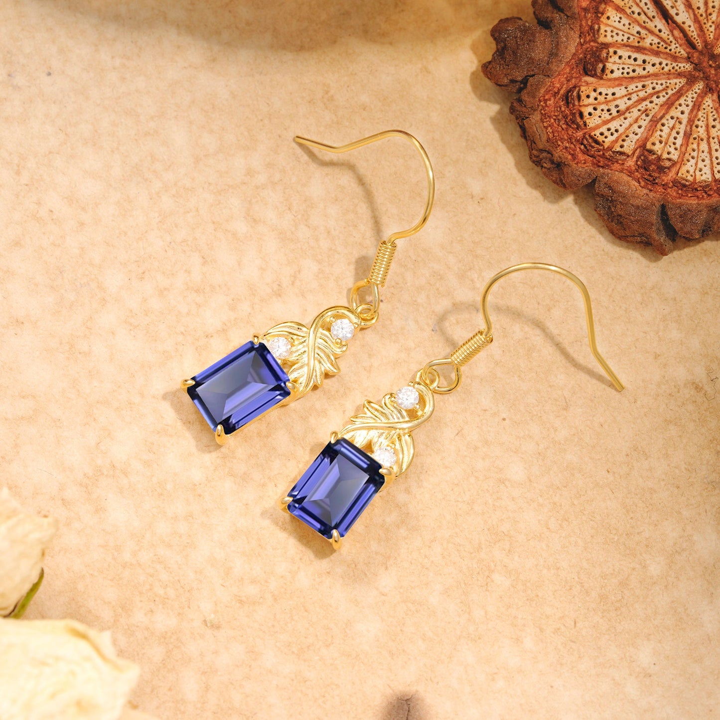 Unique Princess Cut Tanzanite Earrings with Leaf Detail for Women
