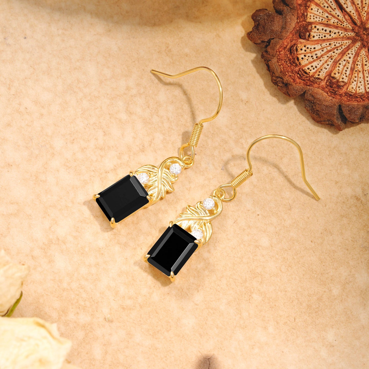Unique Princess Cut Black Onyx Earrings with Leaf Detail for Women
