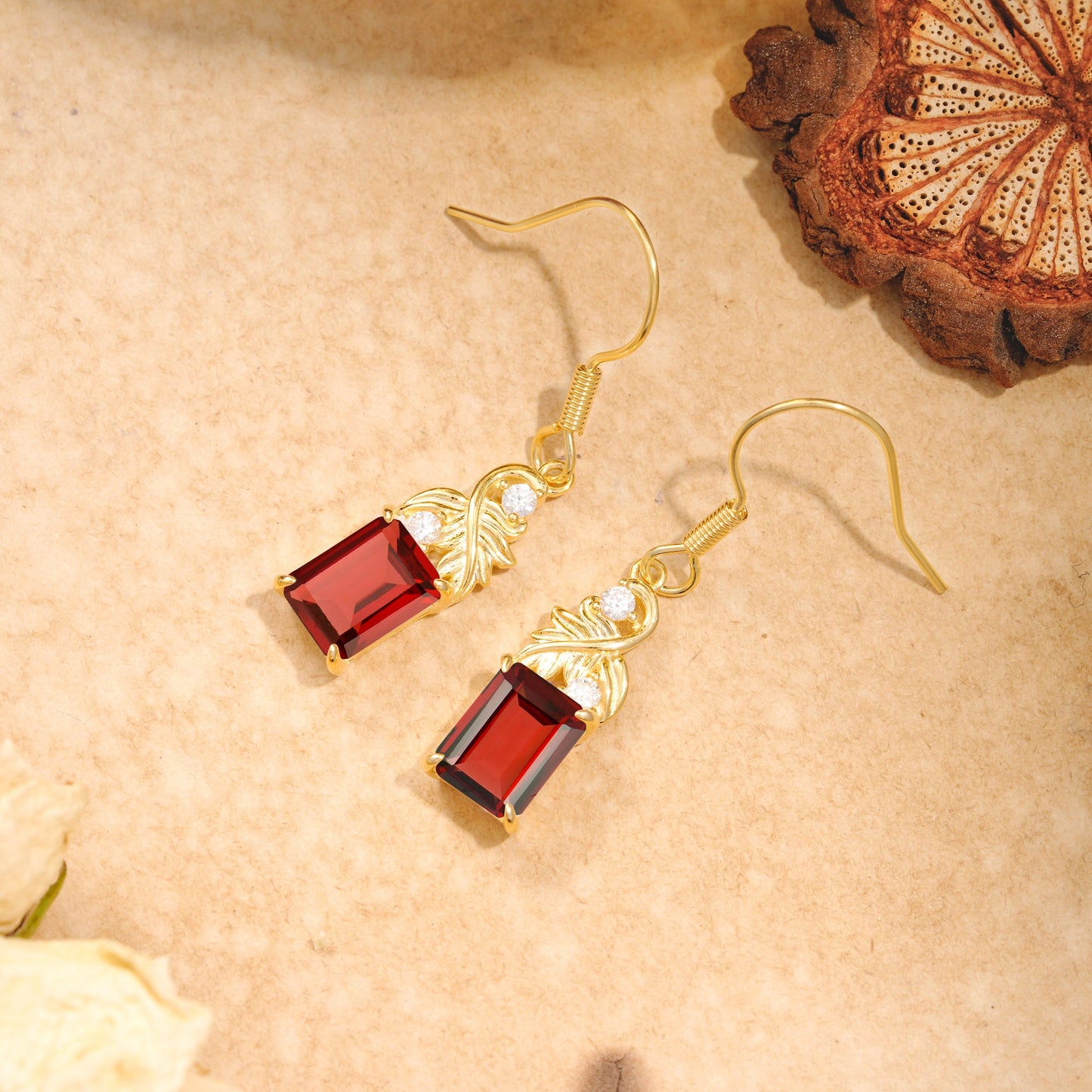 Unique Princess Cut Garnet Earrings with Leaf Detail for Women
