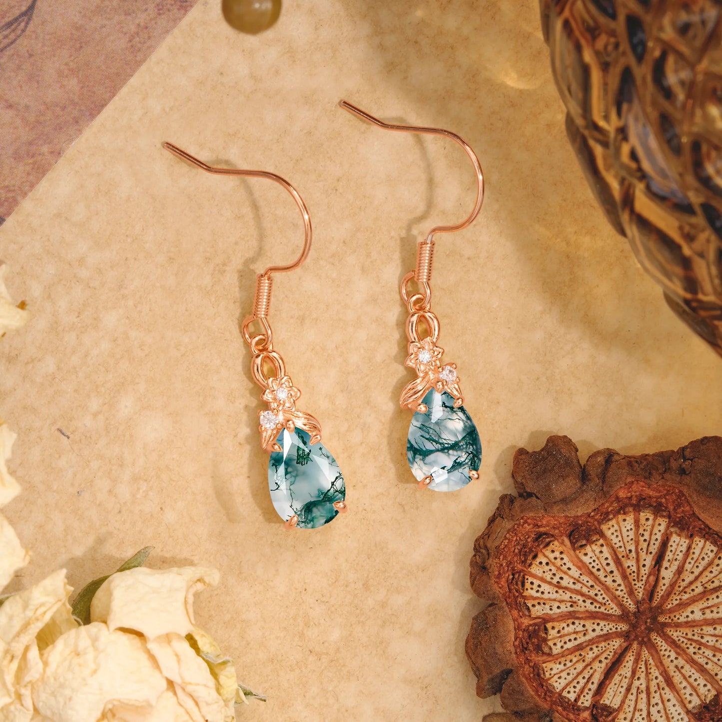 Lightweight 5 Prong Teardrop Moss Agate Earrings - Bridal Jewelry for Wedding & Engagement