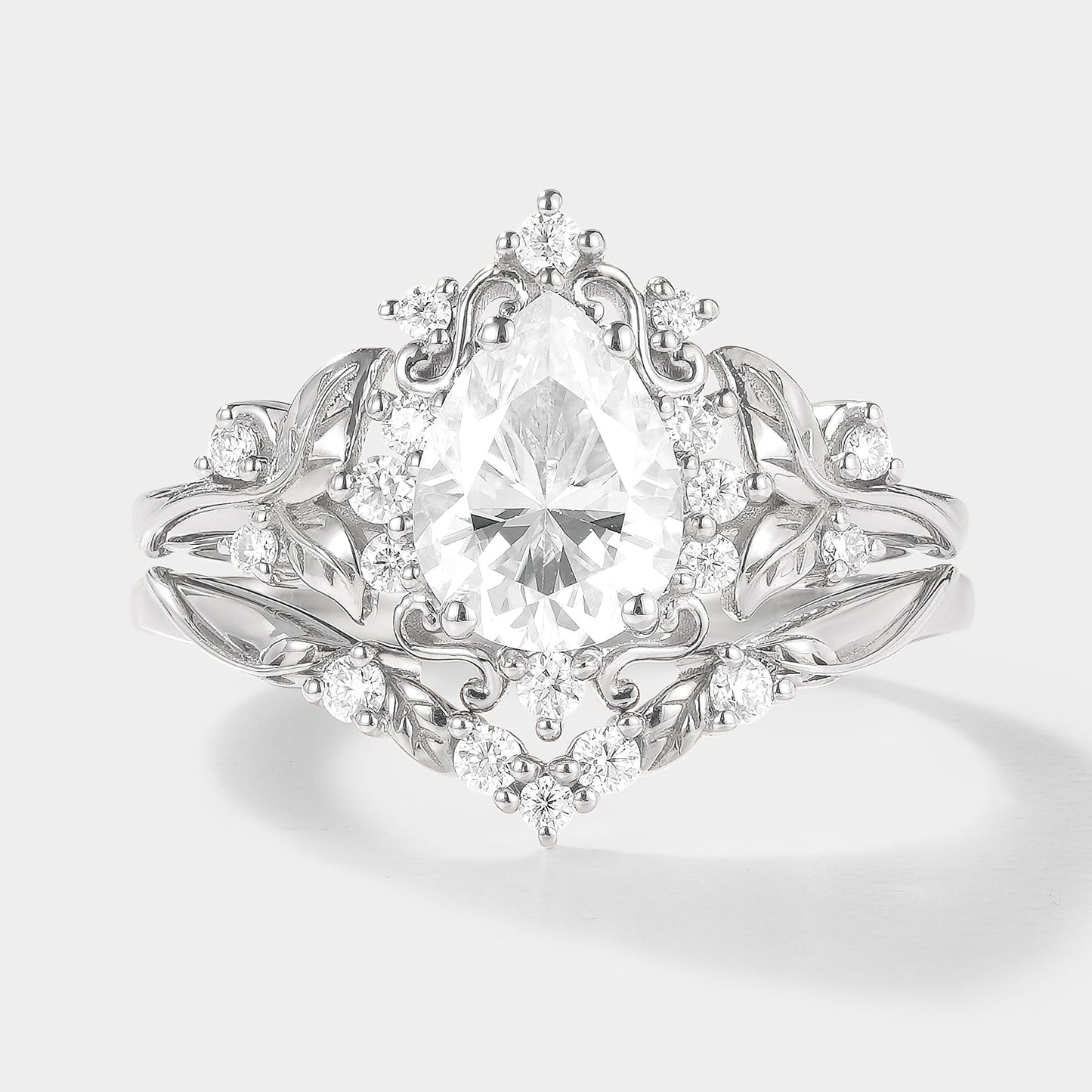 Pear Cut Moissanite Leaf Inspired Engagement Ring Set 2pcs