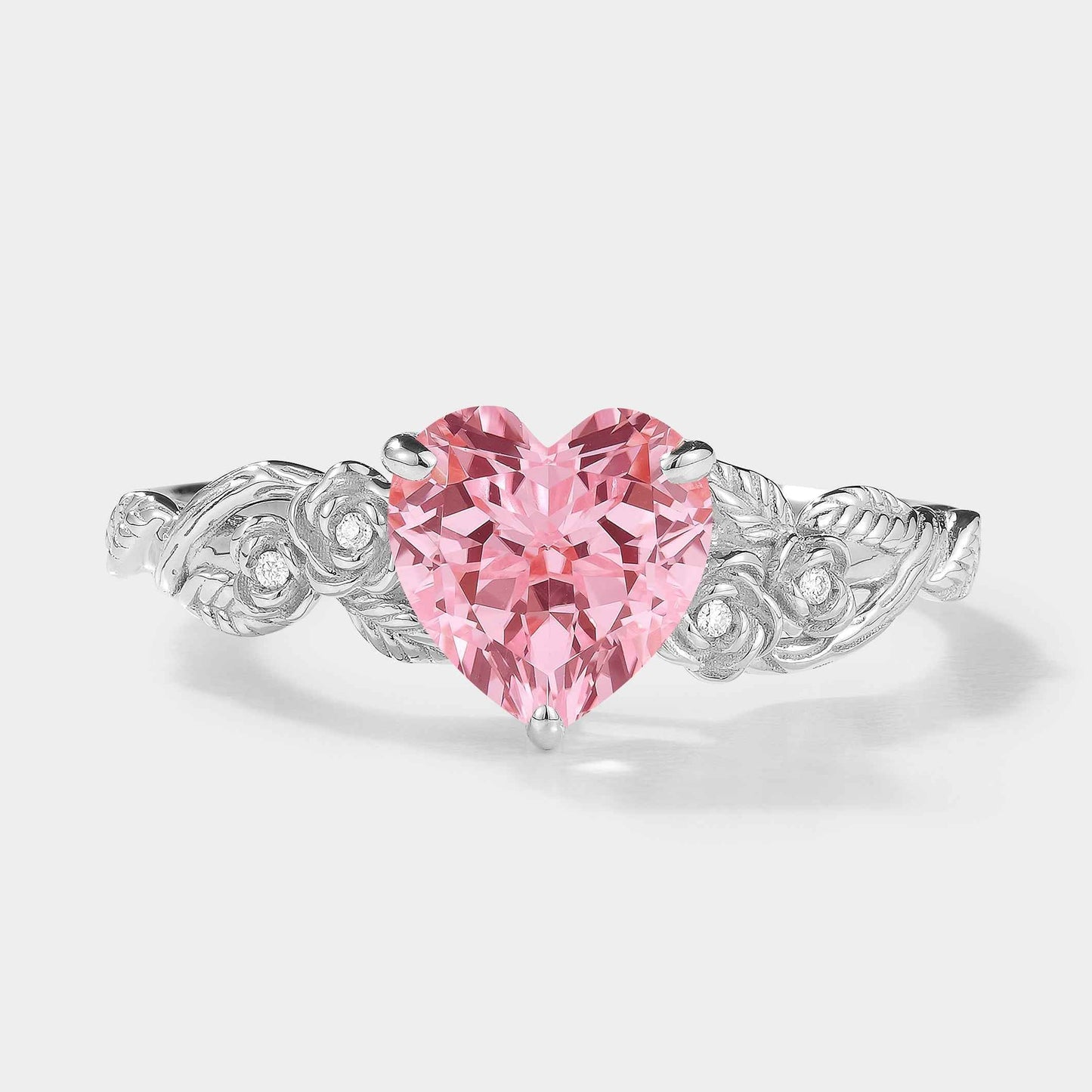Unique Heart Cut Lab Padparadscha Sapphire Leaf Rose Engagement Ring