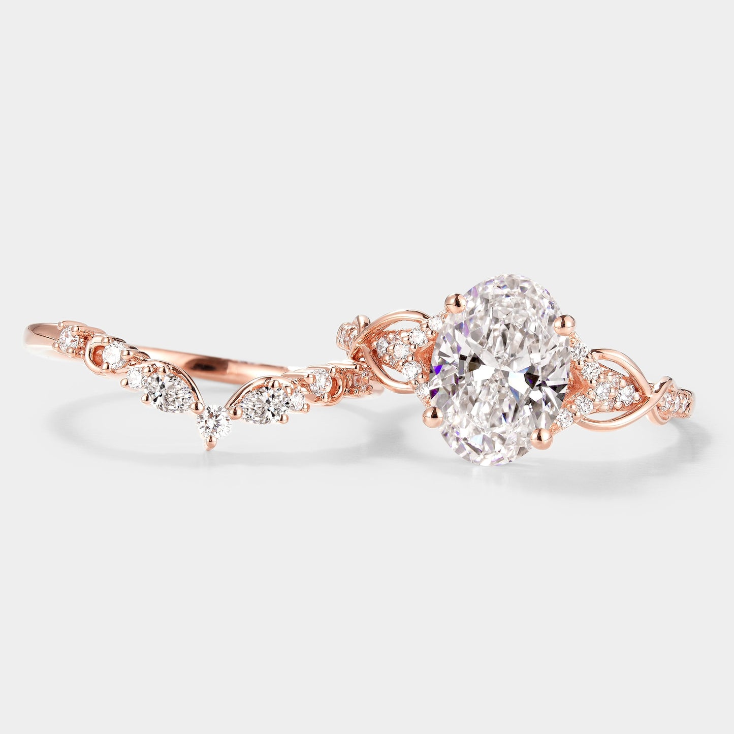 Oval Cut Lab Grown Diamond Engagement Ring Curved Wedding Band 2pcs