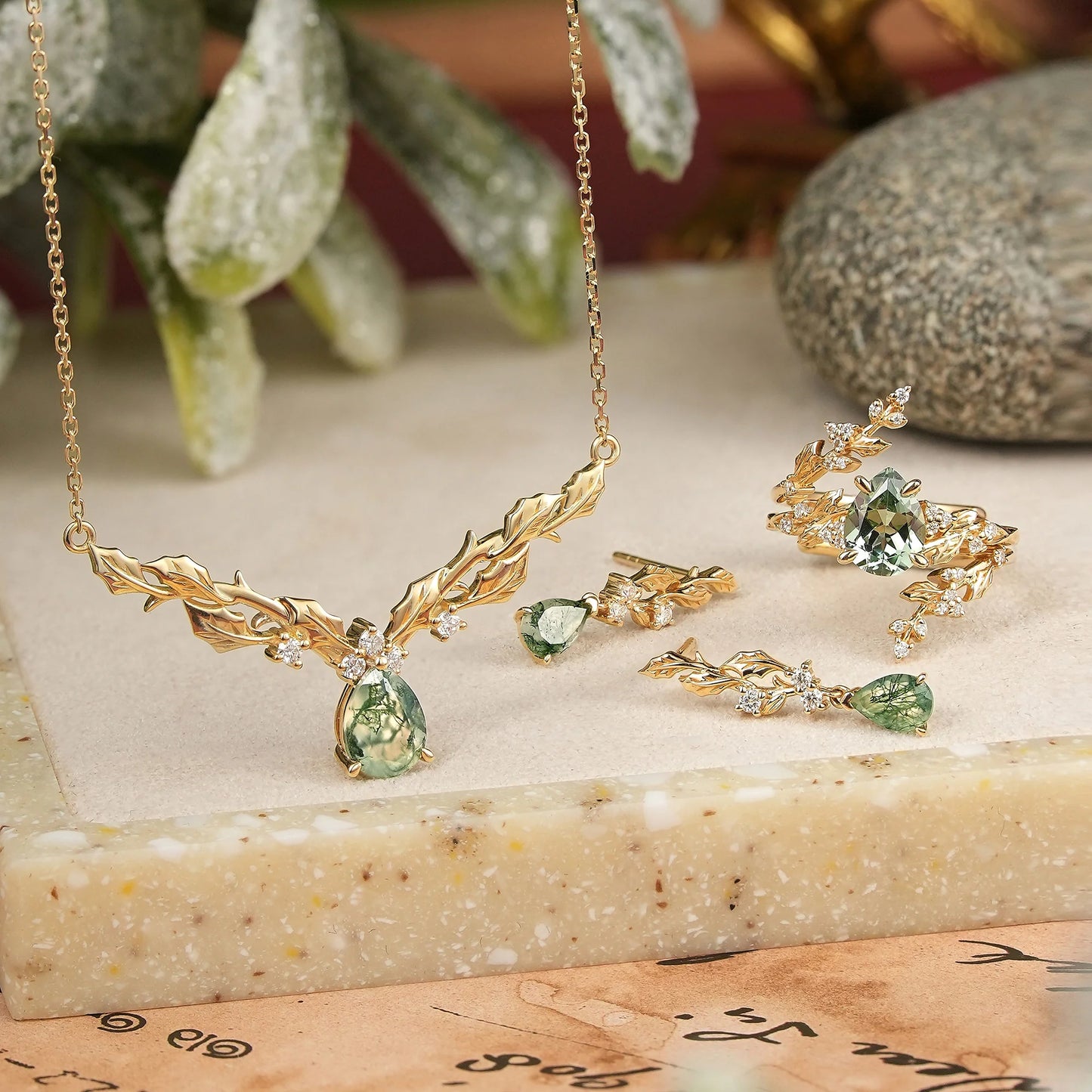 Pear Cut Jewelry Sets Leaf Inspired Mistletoe Gift For Her - Bridal Enhancer Set & Necklace & Earrings