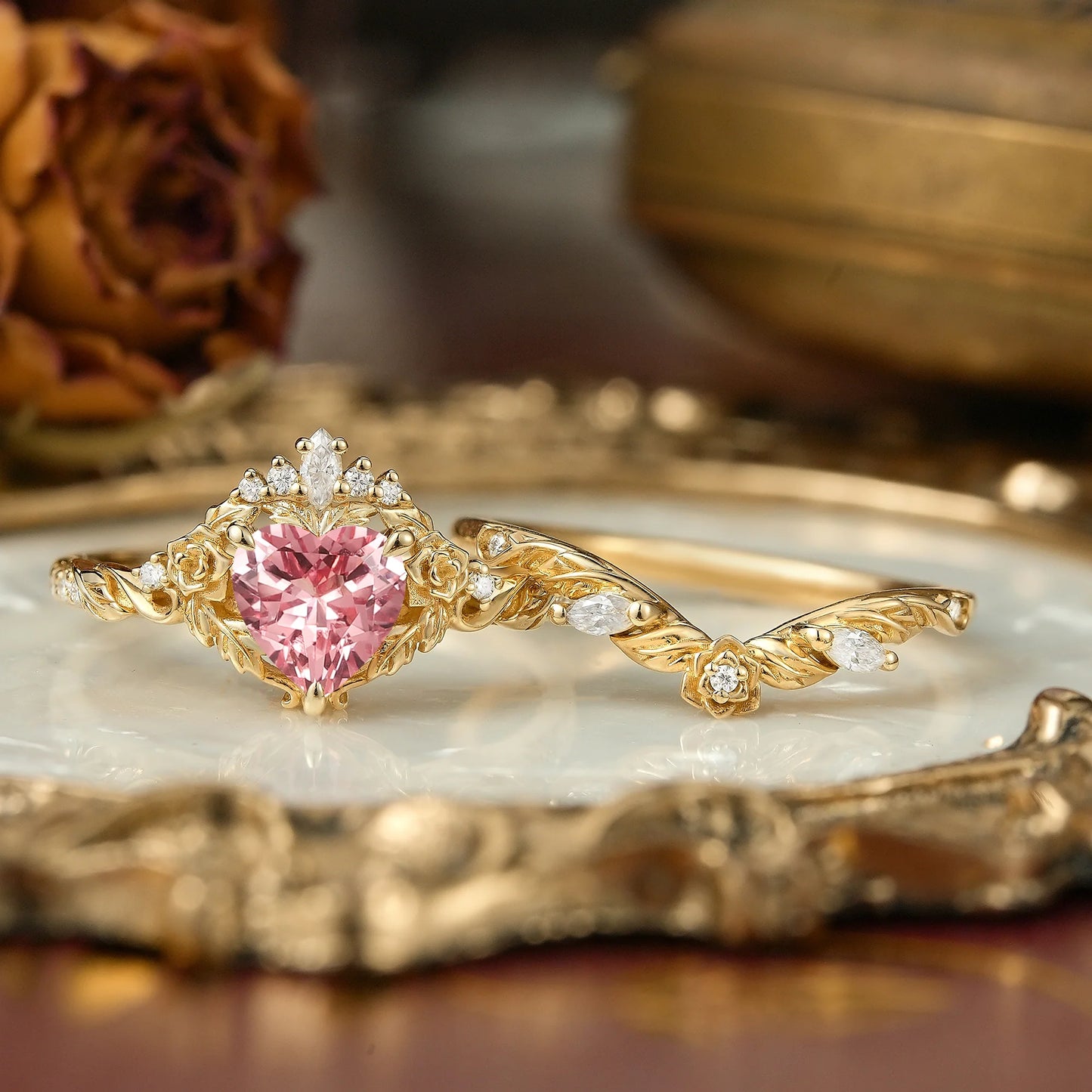 Flower Inspired Heart Cut Pink Padparadscha Sapphire Bridal Ring Set - Larissa & Beverly