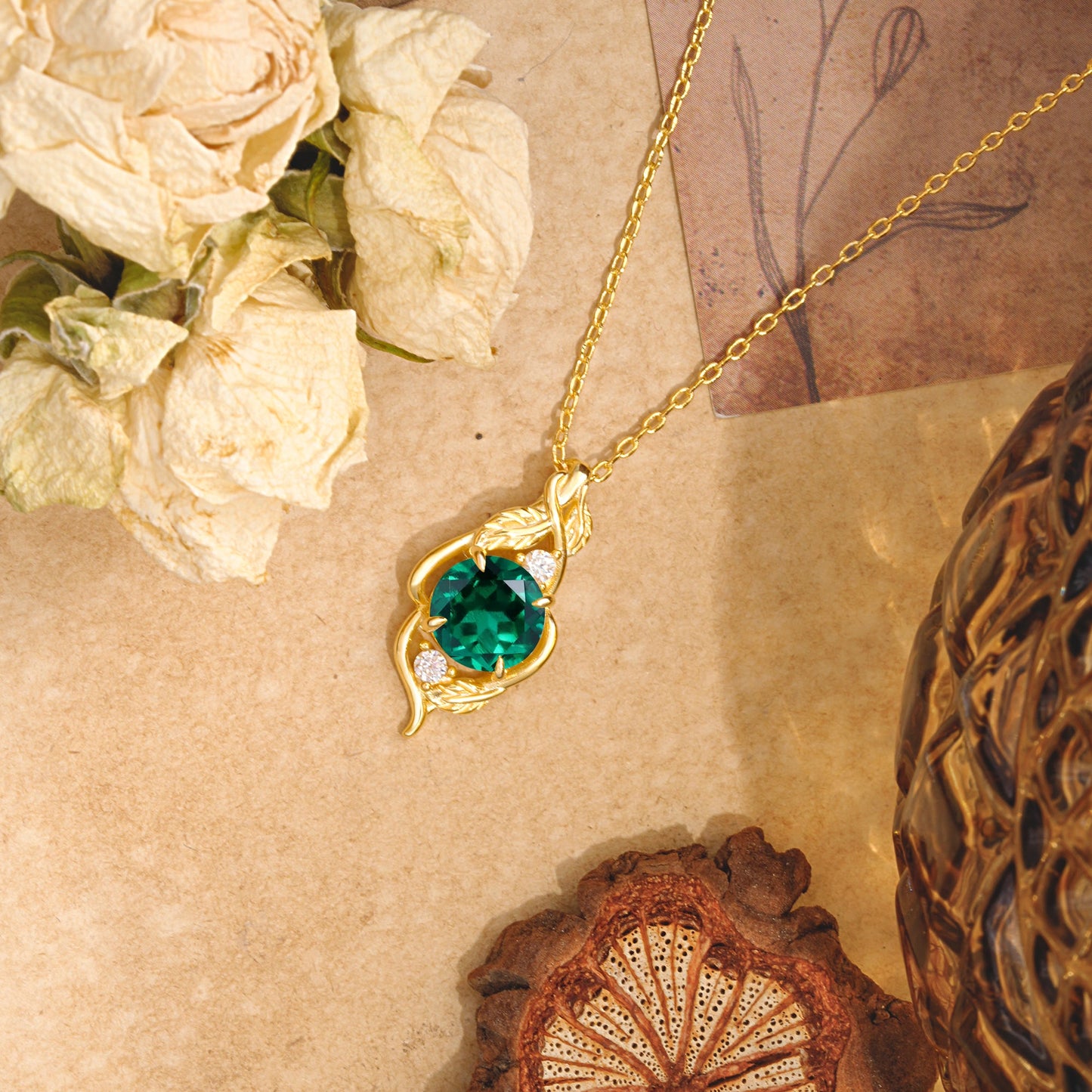Leaf Themed Round Cut Emerald Pendant Necklace Anniversary Gifts For Women