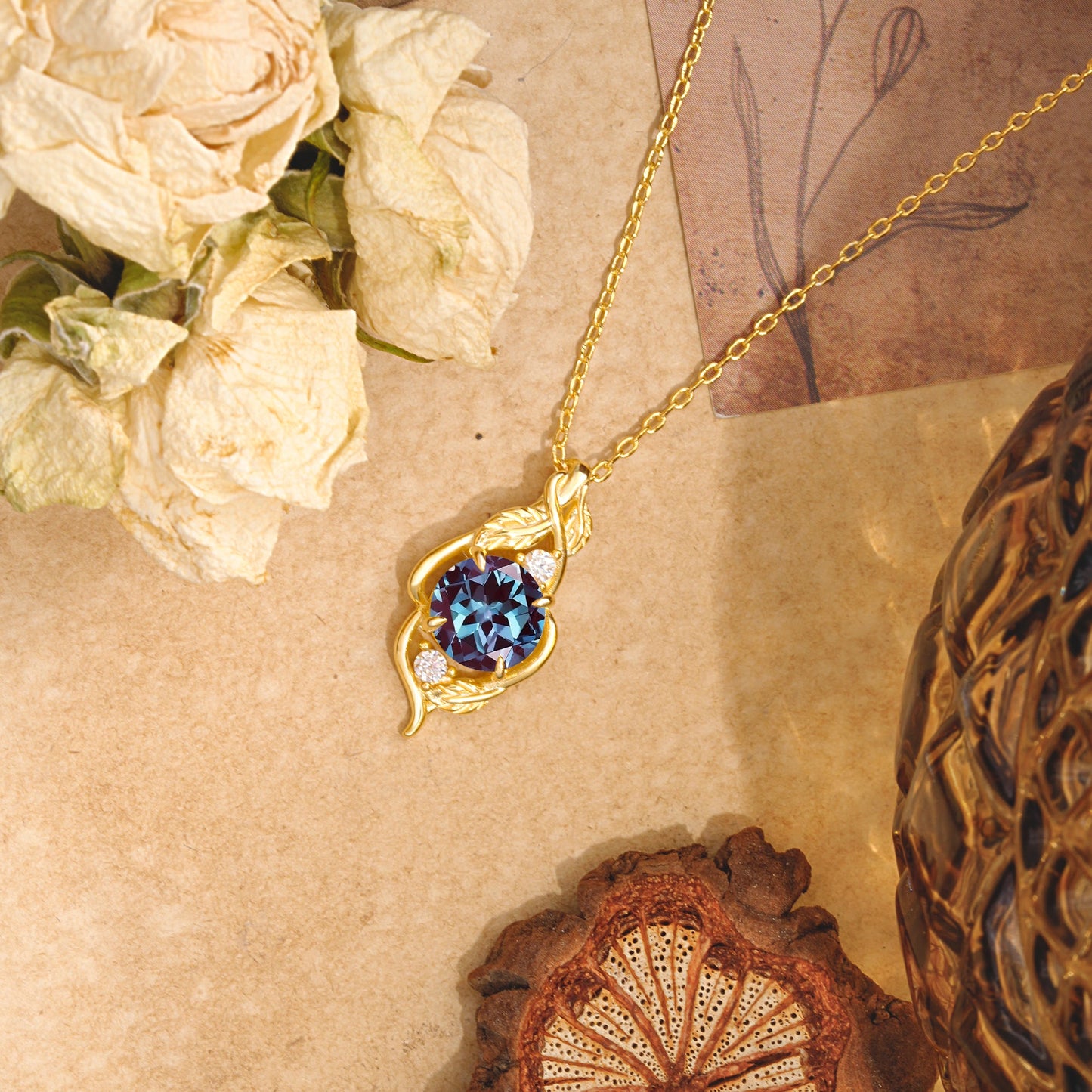 Leaf Themed Round Cut Alexandrite Pendant Necklace Anniversary Gifts For Women
