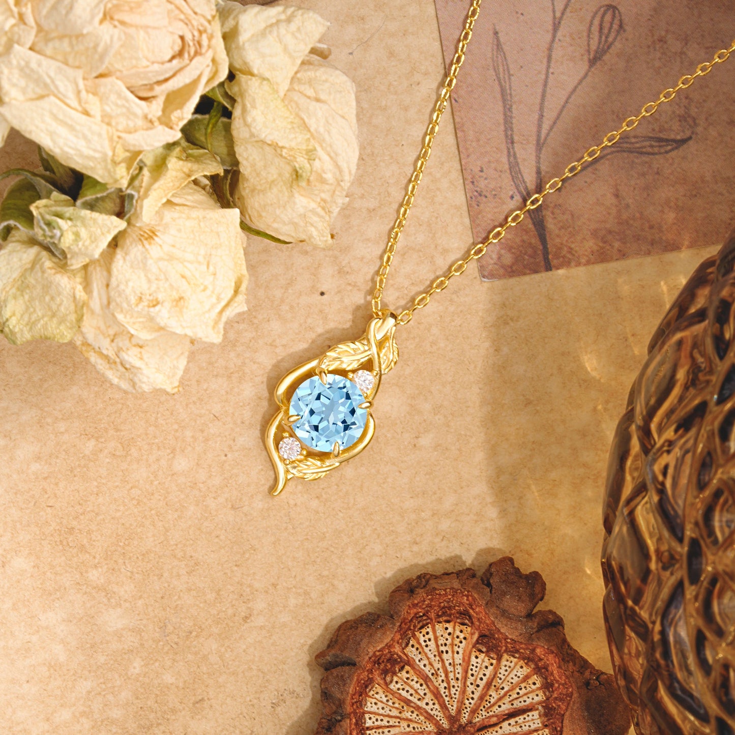Leaf Themed Round Cut Moonstone Pendant Necklace Anniversary Gifts For Women