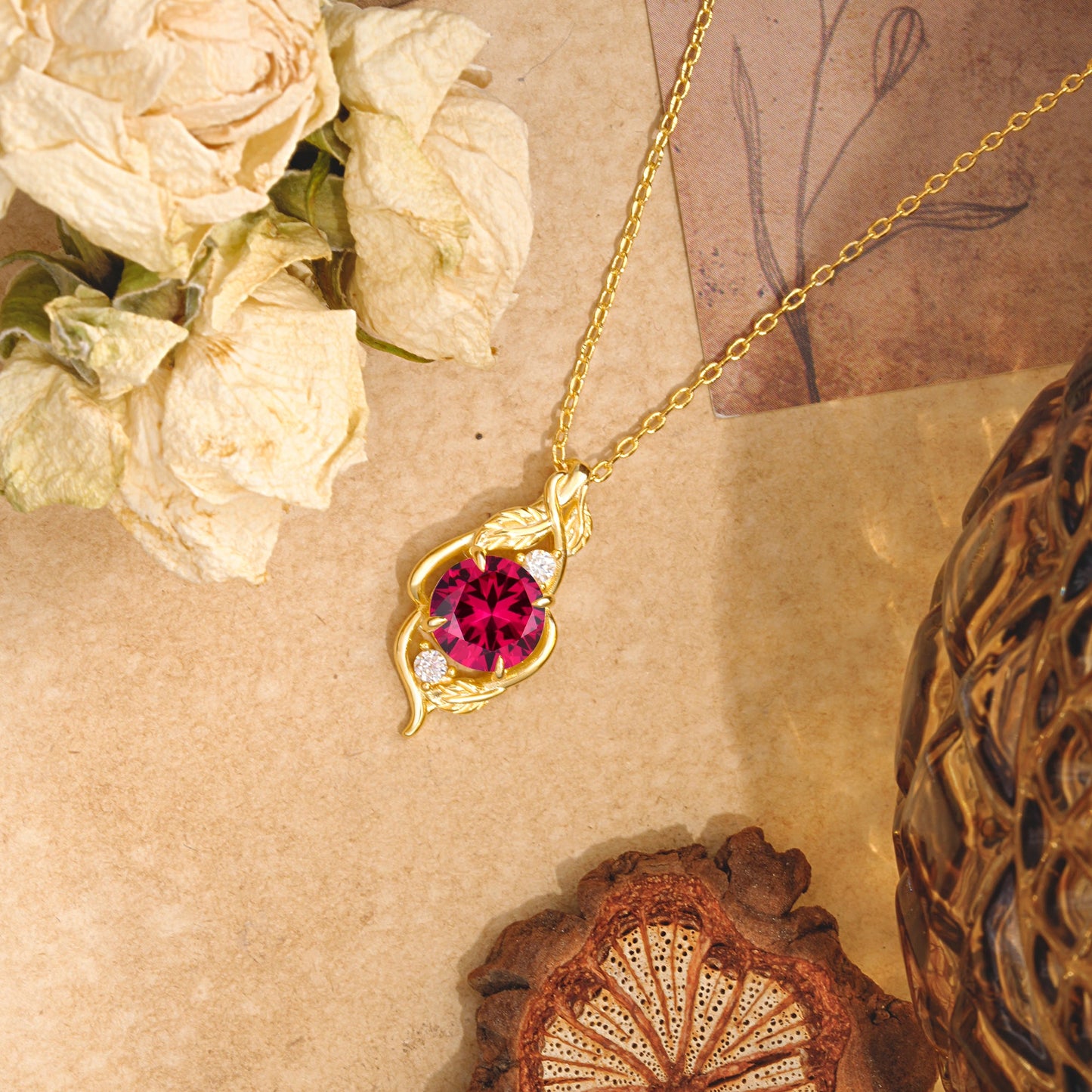Leaf Themed Round Cut Ruby Pendant Necklace Anniversary Gifts For Women