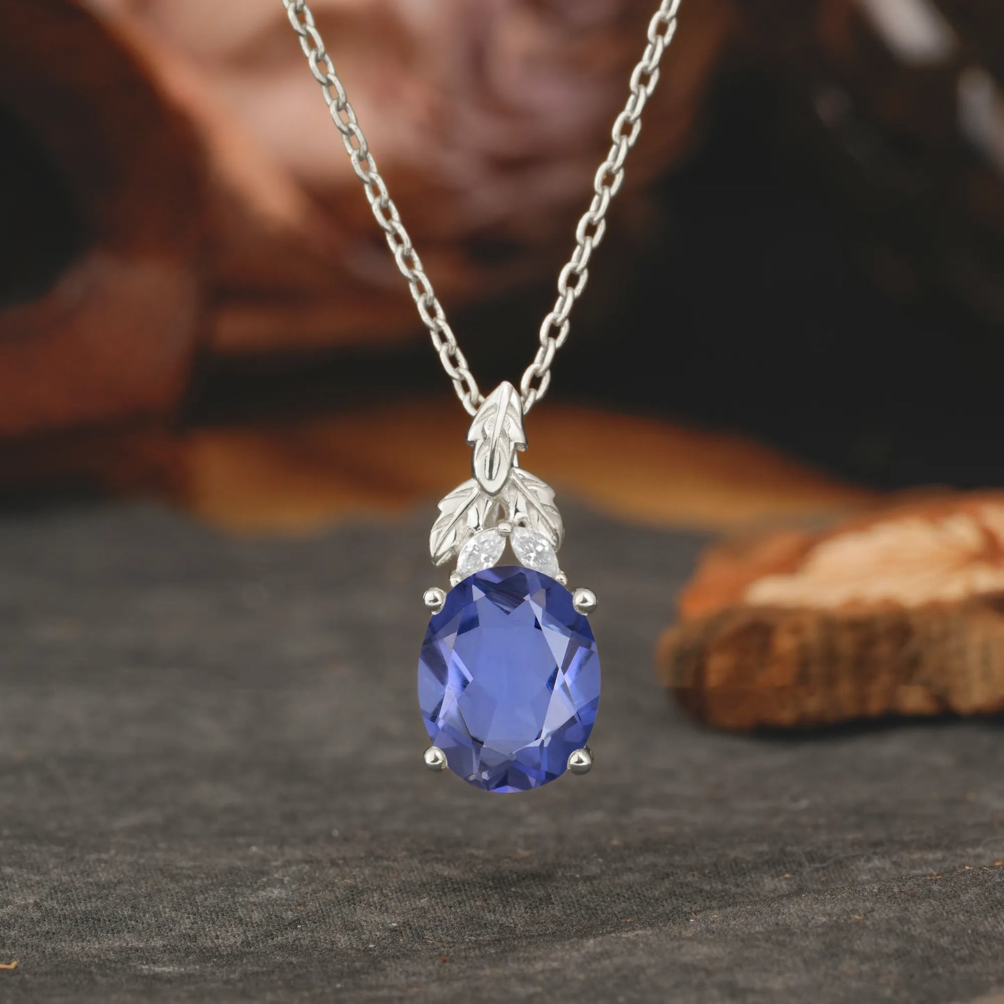 Leaf Accented Oval Cut Tanzanite Pendant Necklace Valentine’s Day Gifts For Women