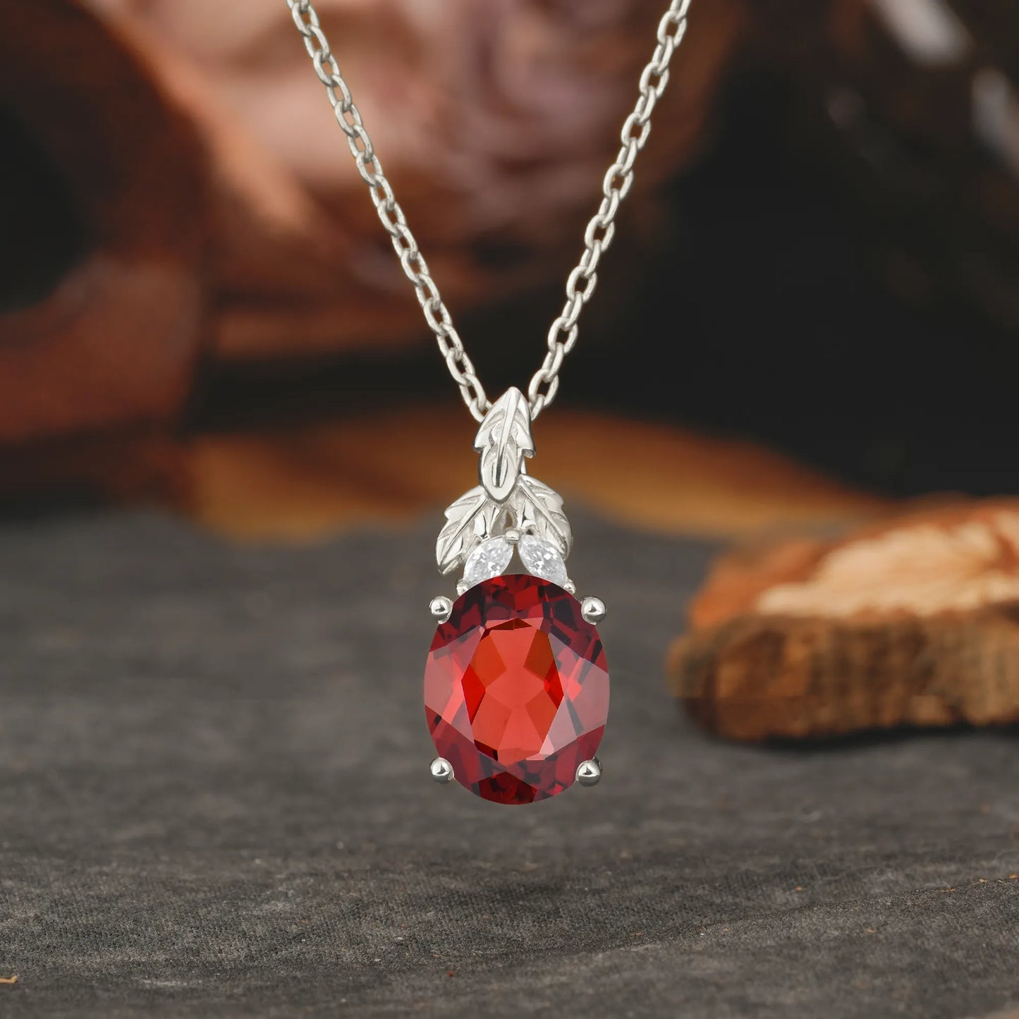 Leaf Accented Oval Cut Garnet Pendant Necklace Valentine’s Day Gifts For Women