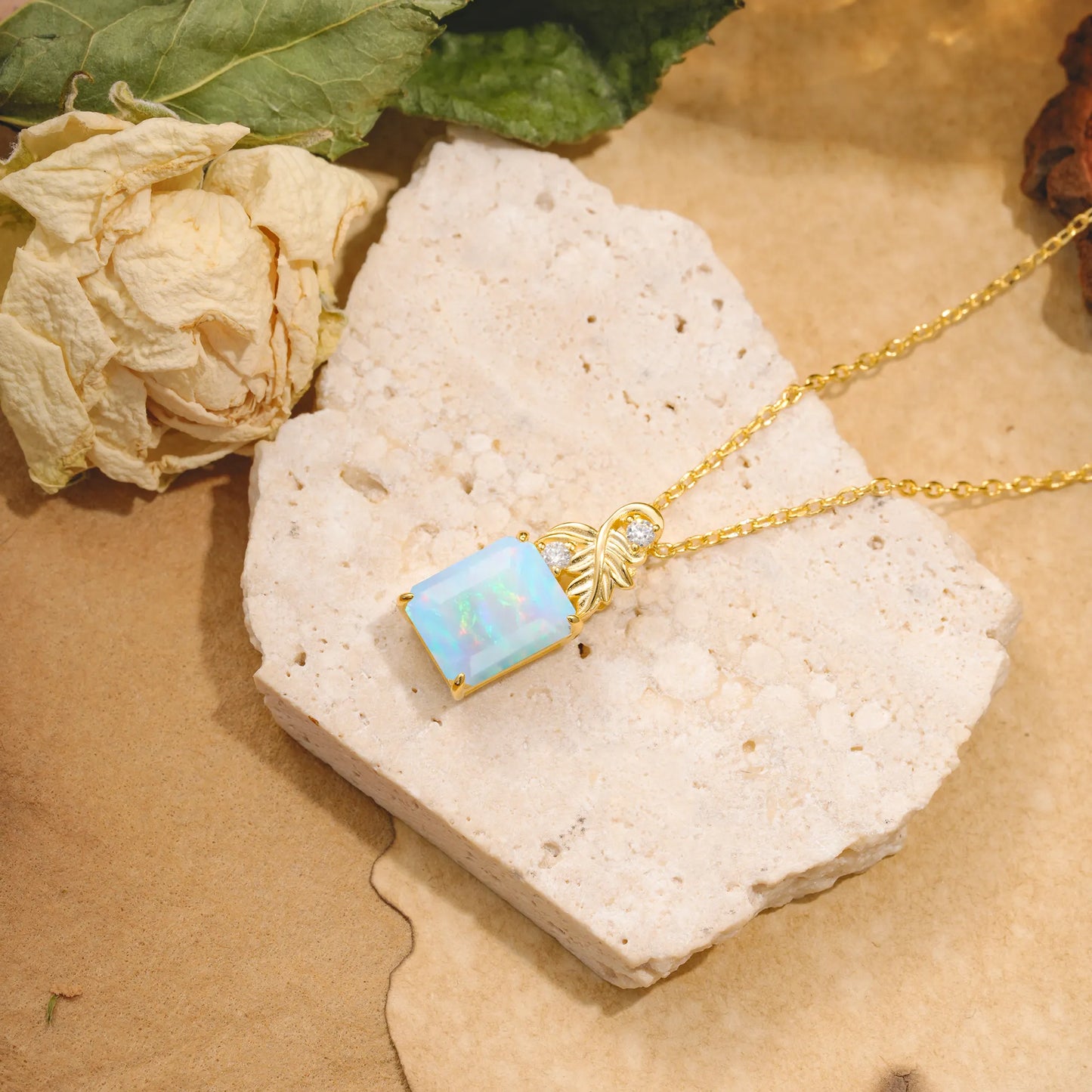 Sparkling Emerald Cut Opal Pendant Necklace - Leaf Motif Gift for Her