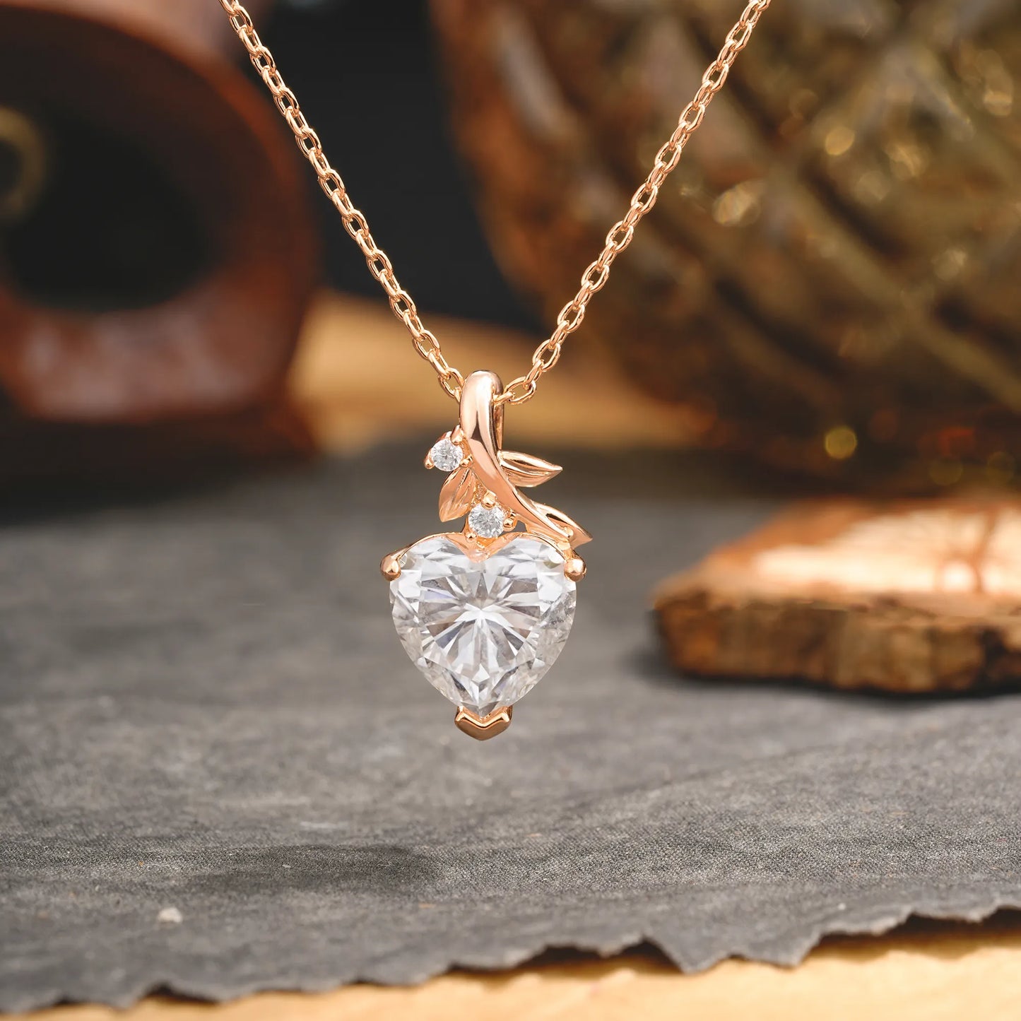 Vintage Leaf Design Heart Cut Moissanite Necklace for Women
