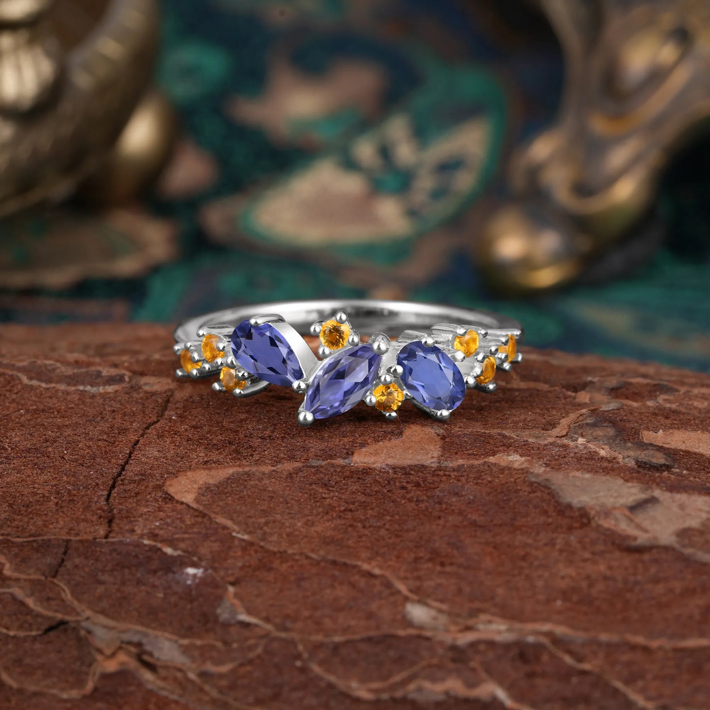 Multi Shaped Tanzanite Wedding Band Half Eternity Stackable Ring