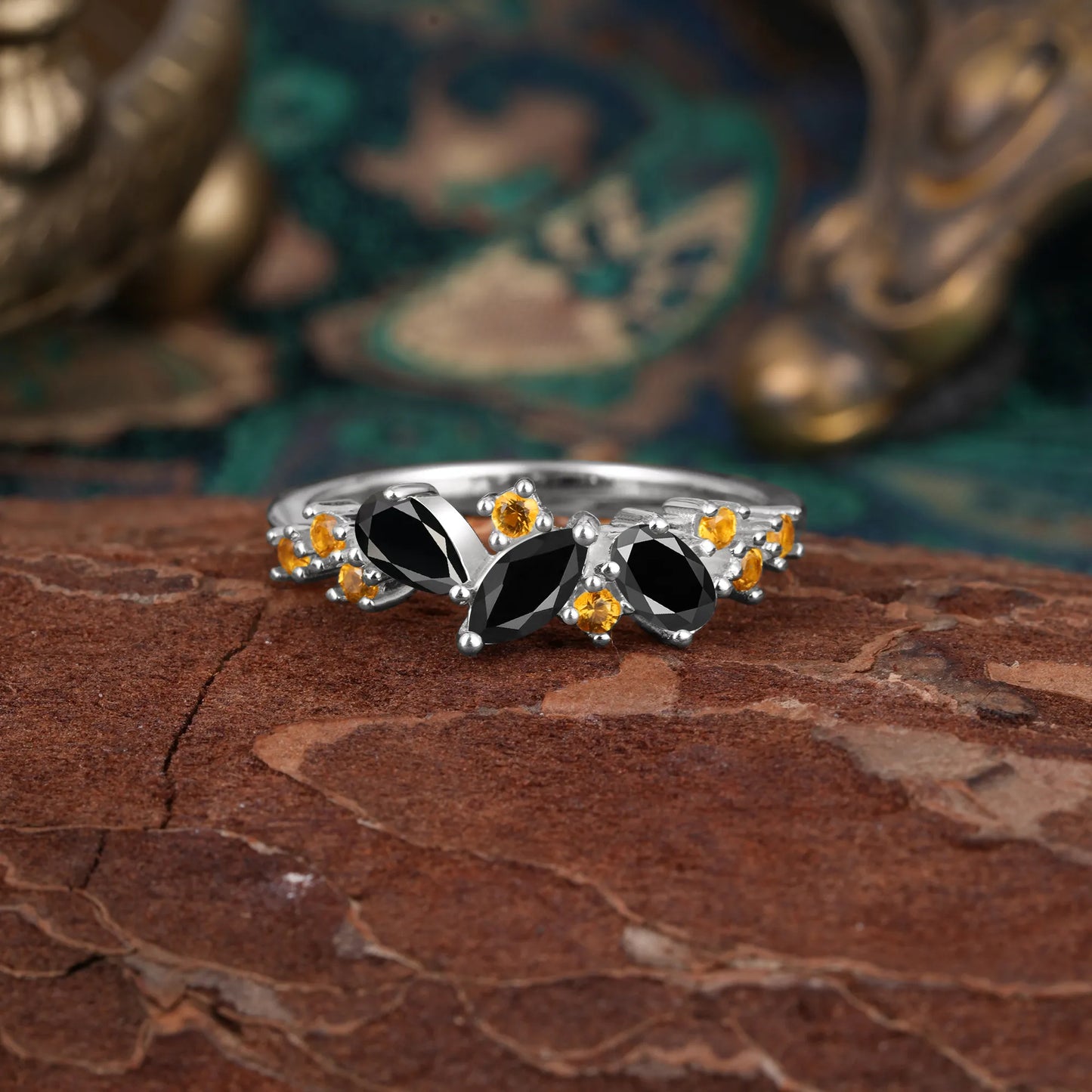 Multi Shaped Black Onyx Wedding Band Half Eternity Stackable Ring