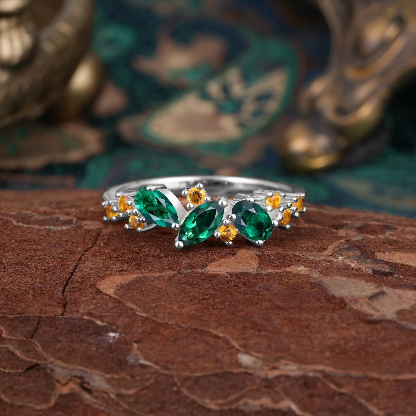 Multi Shaped Emerald Wedding Band Half Eternity Stackable Ring