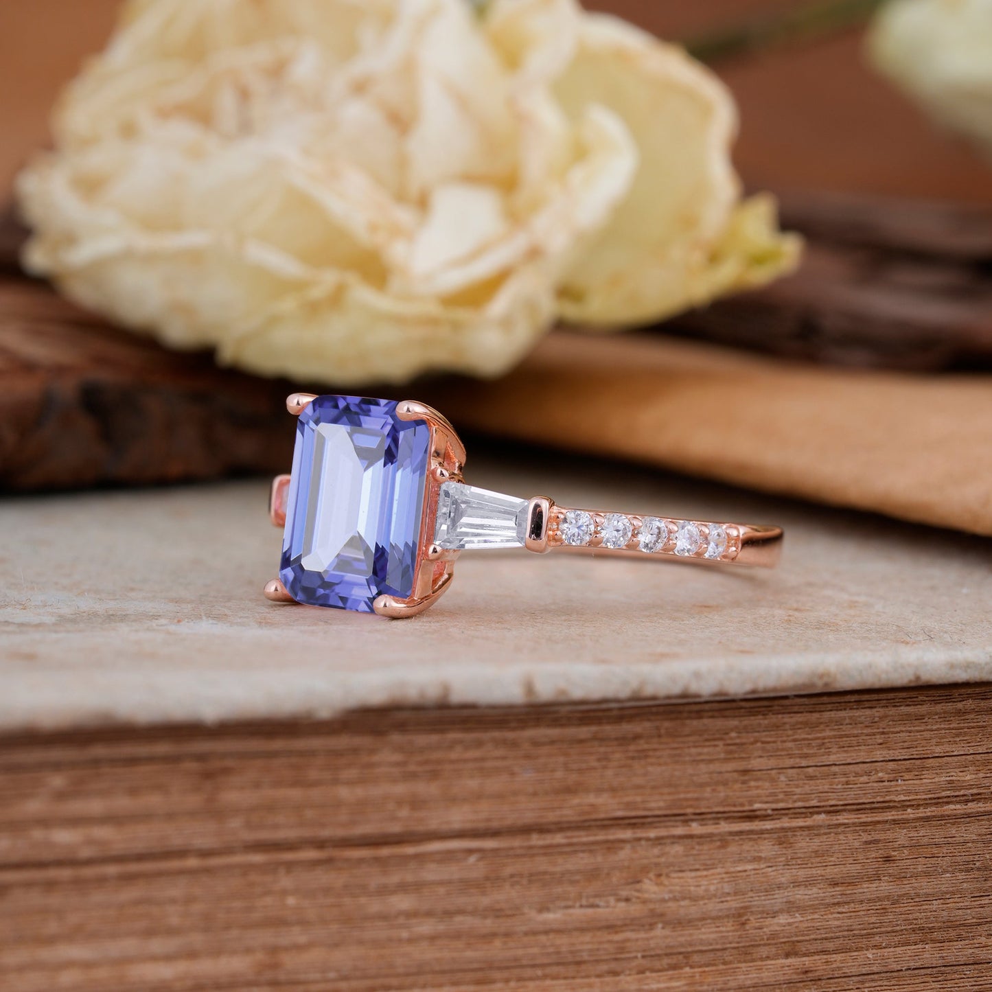 3 Carat Emerald Cut Tanzanite Ring Three Stone Engagement Ring
