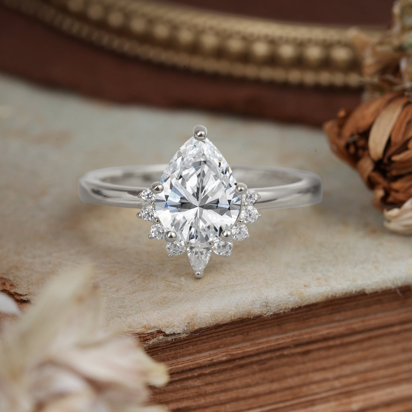 Pear Cut Vintage Lab Diamond Engagement Ring Cluster Ring for Women