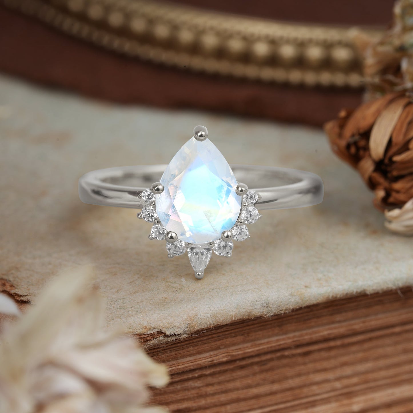 Pear Cut Vintage Moonstone Engagement Ring Cluster Ring for Women