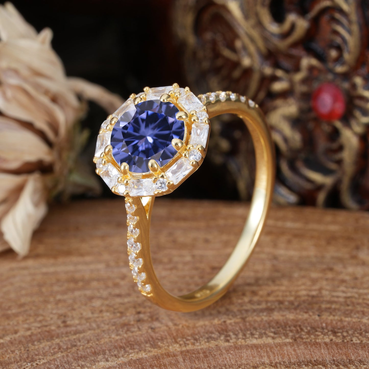 1.5 Carat Round Cut Halo Cluster Tanzanite Engagement Ring