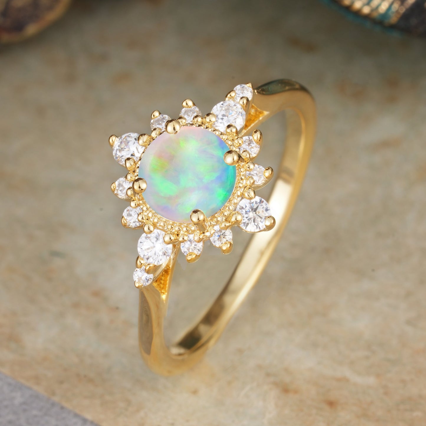 Classic 4 Prong Round Cut Cluster Opal Flower Engagement Ring