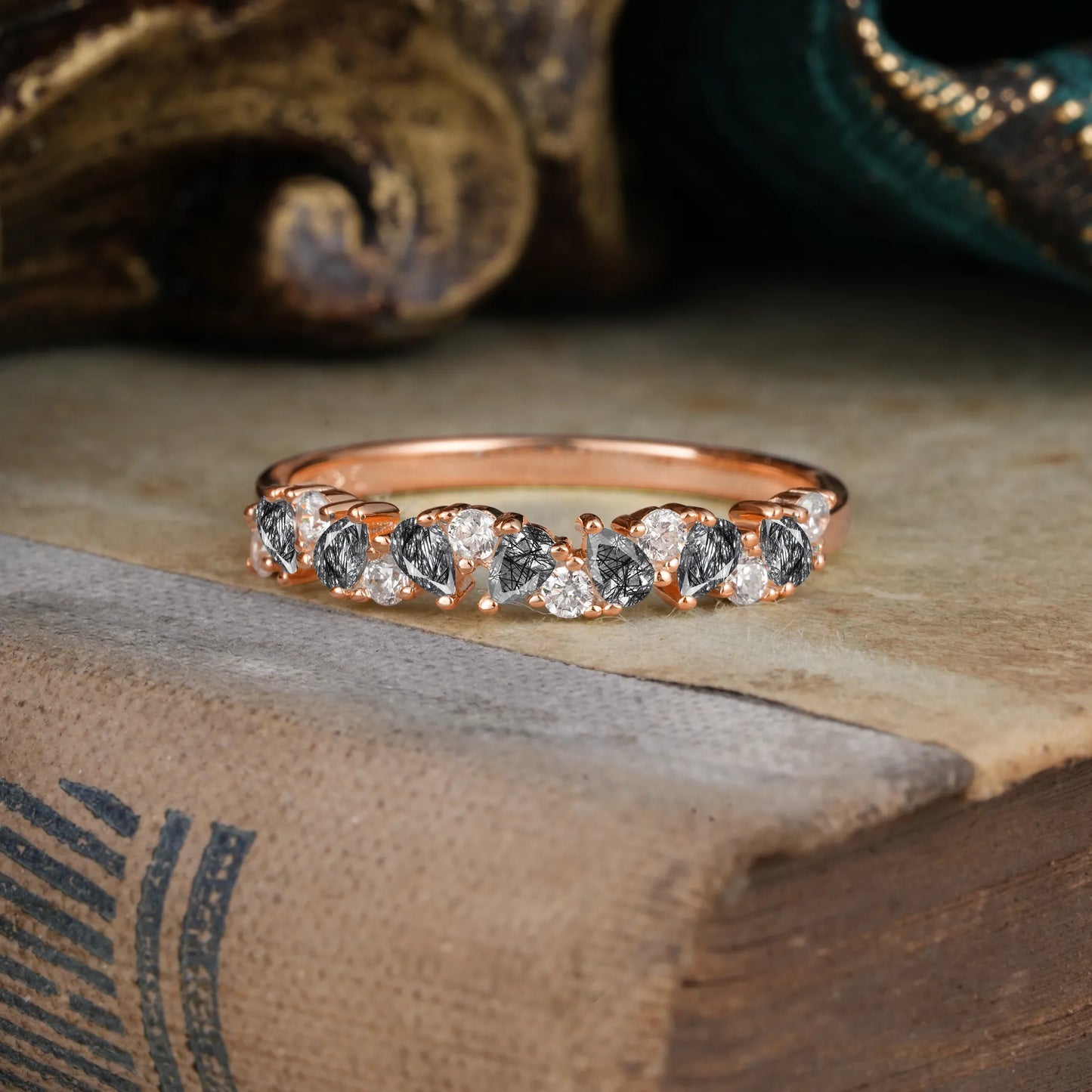 Pear Cut Classic Black Rutilated Quartz Half Eternity Wedding Band Anniversary Ring
