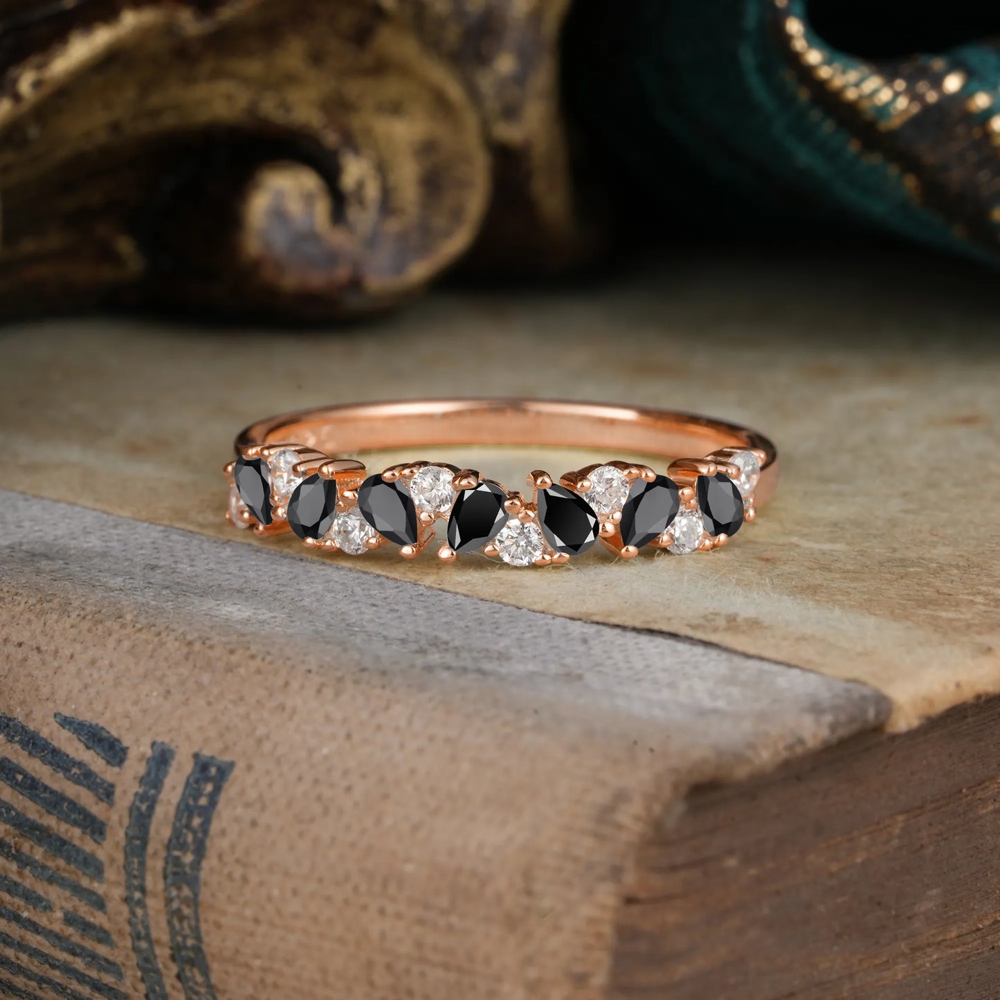Pear Cut Classic Black Onyx Half Eternity Wedding Band Anniversary Ring