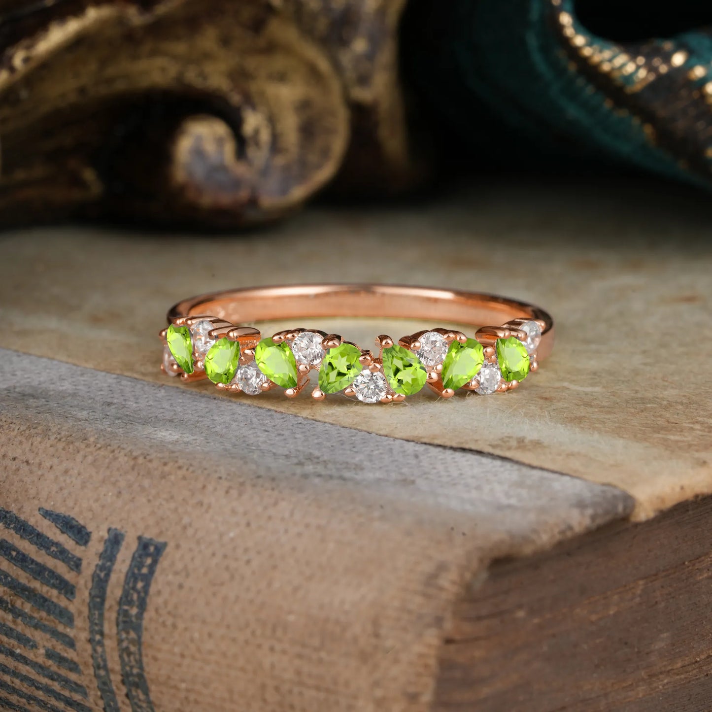 Pear Cut Classic Peridot Half Eternity Wedding Band Anniversary Ring