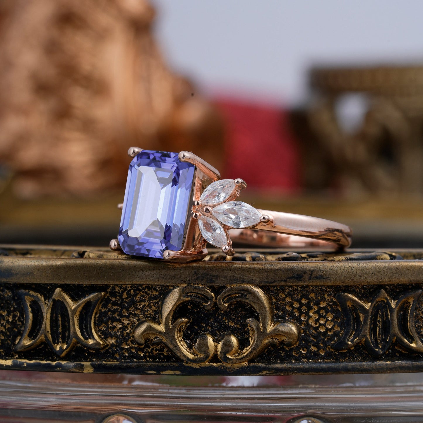 4CT Emerald Cut Tanzanite Vintage 4 Prong Engagement Ring with Marquise Cluster