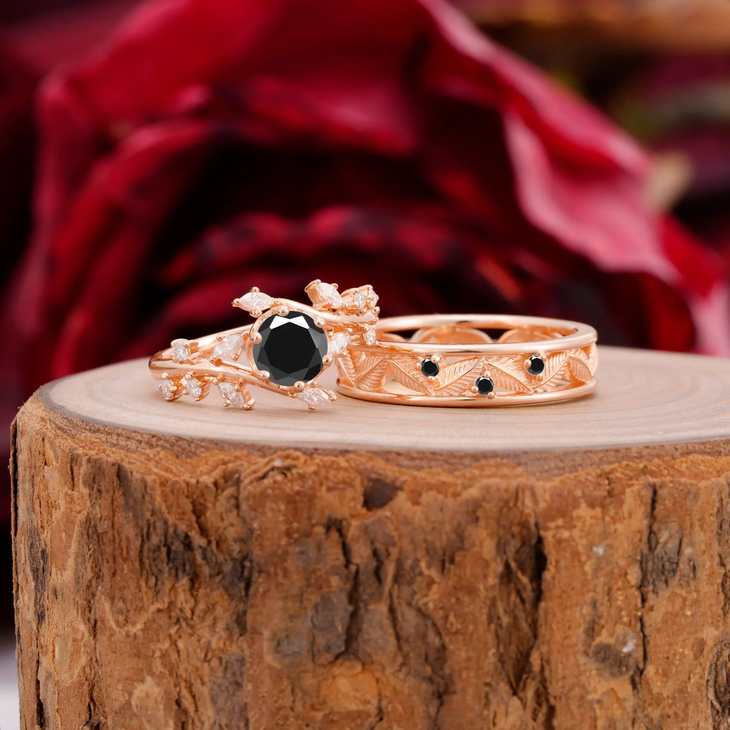 Elegant Leaf Design Black Onyx Wedding Couple Ring for Her and Him