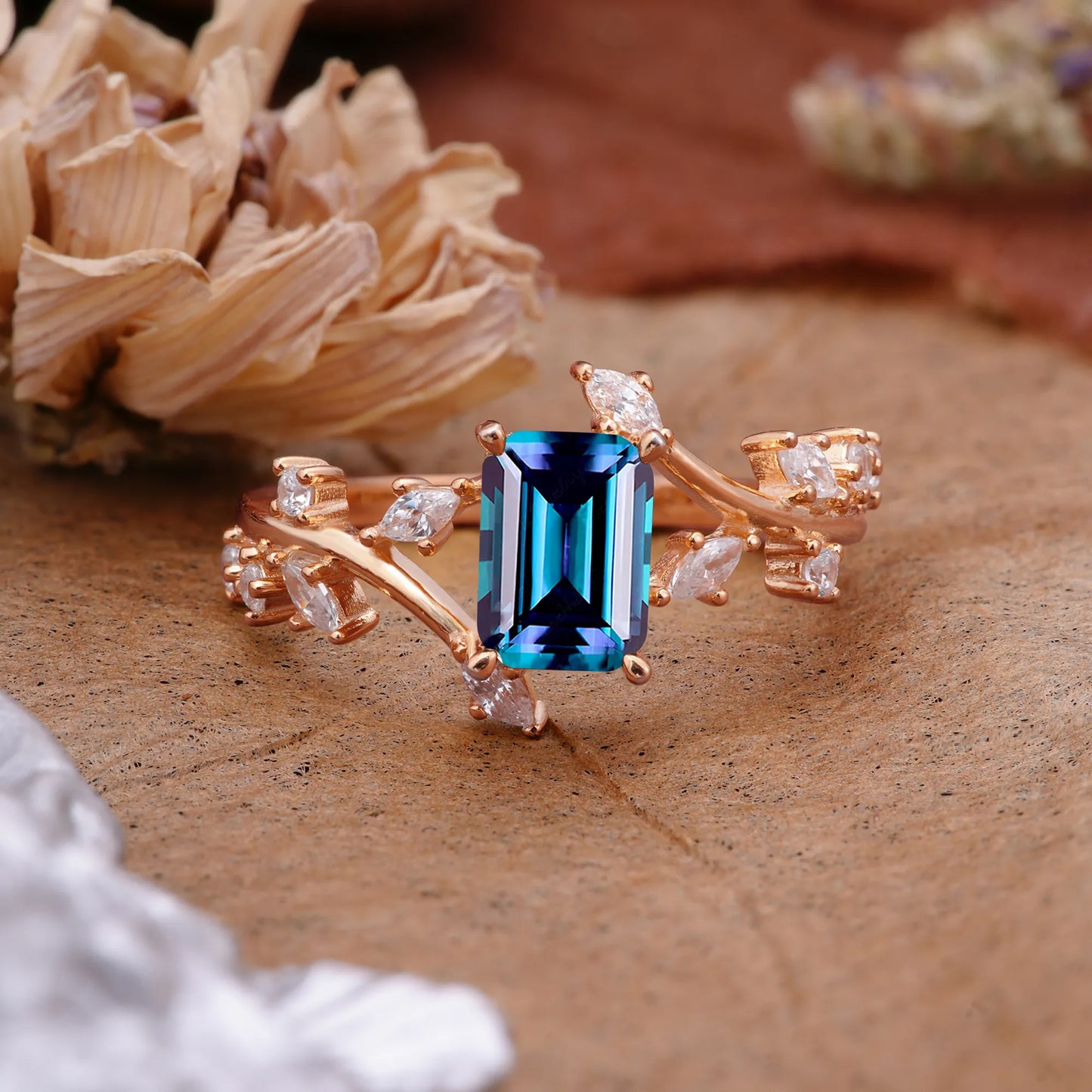 Natural-Inspired 4 Prong Emerald Cut Alexandrite Engagement Ring