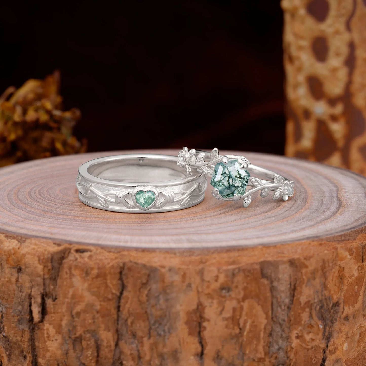 Nature-Inspired Vine-Wrapped 4-Prong Hexagon-Cut Moss Agate Engagement Couple Rings