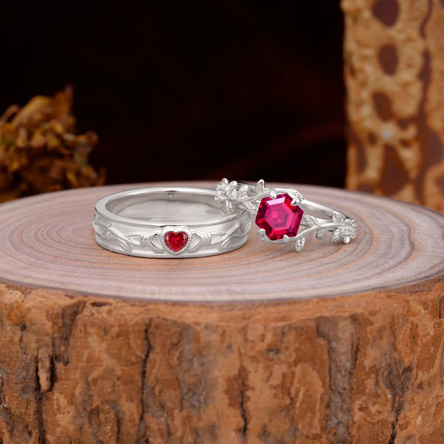Nature-Inspired Vine-Wrapped 4-Prong Hexagon-Cut Ruby Engagement Couple Rings