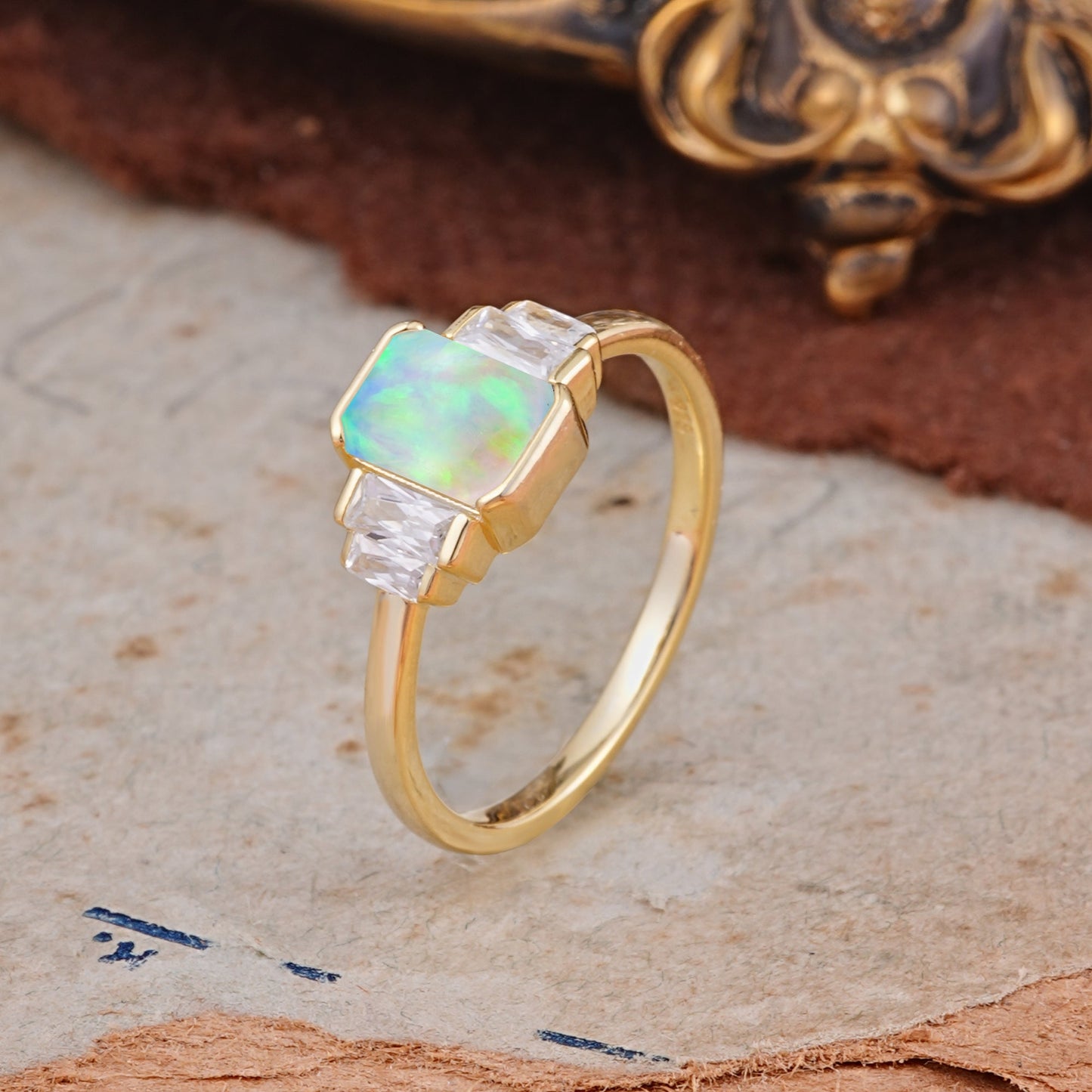 Emerald Cut Baguette Side Stones Opal Engagement Ring