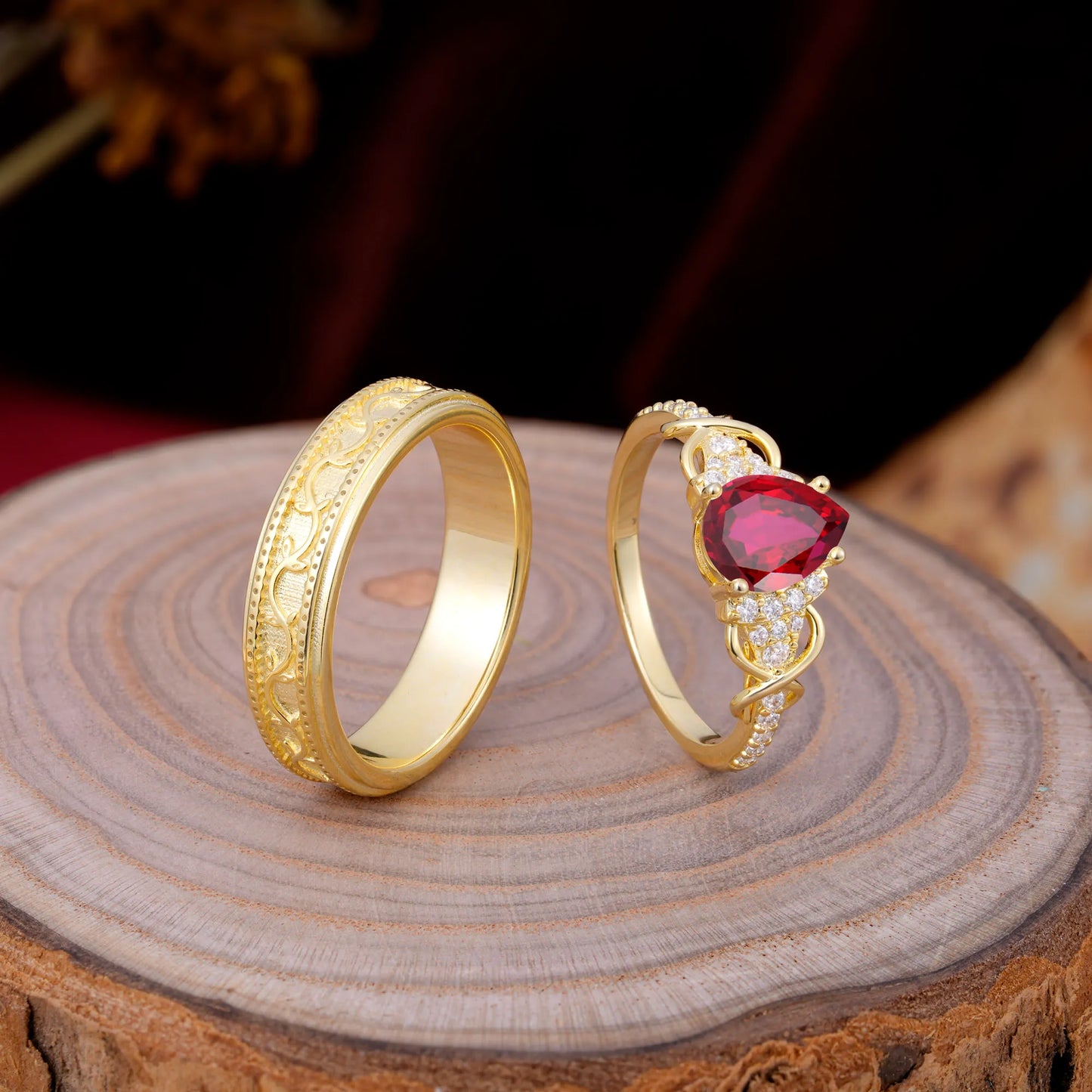 Luxurious Vintage 4-Prong Pear-Cut Ruby Engagement Couple Rings