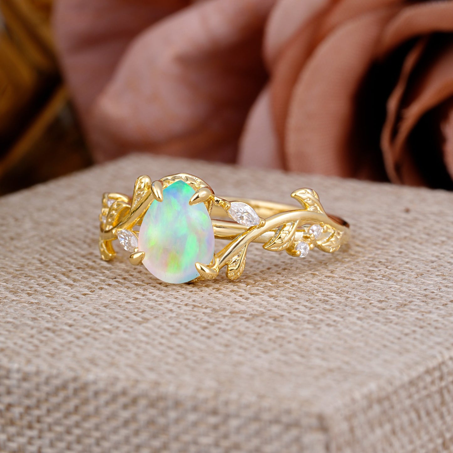 4 Prong Nature Inspired Pear Cut Opal Leaf Gold Engagement Ring
