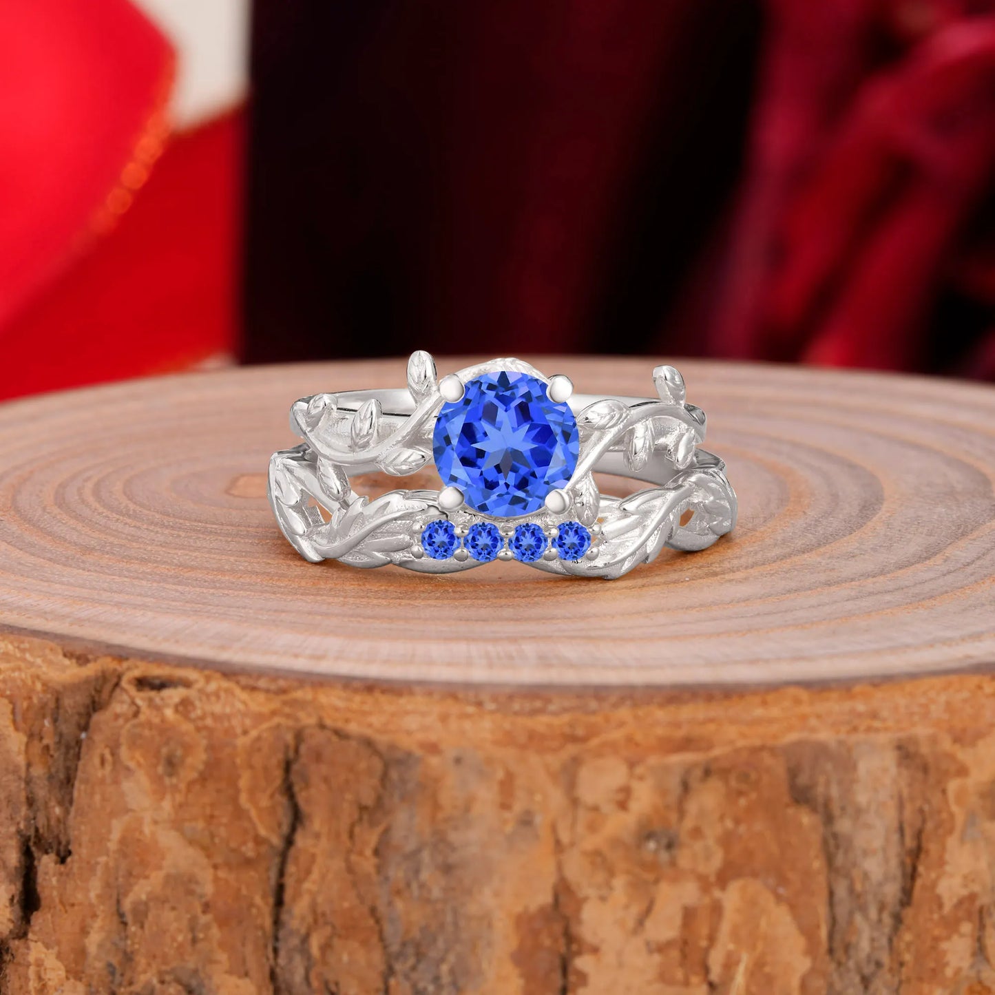 Nature-Inspired Leaf & Floral Round Cut Sapphire Couple Rings Set