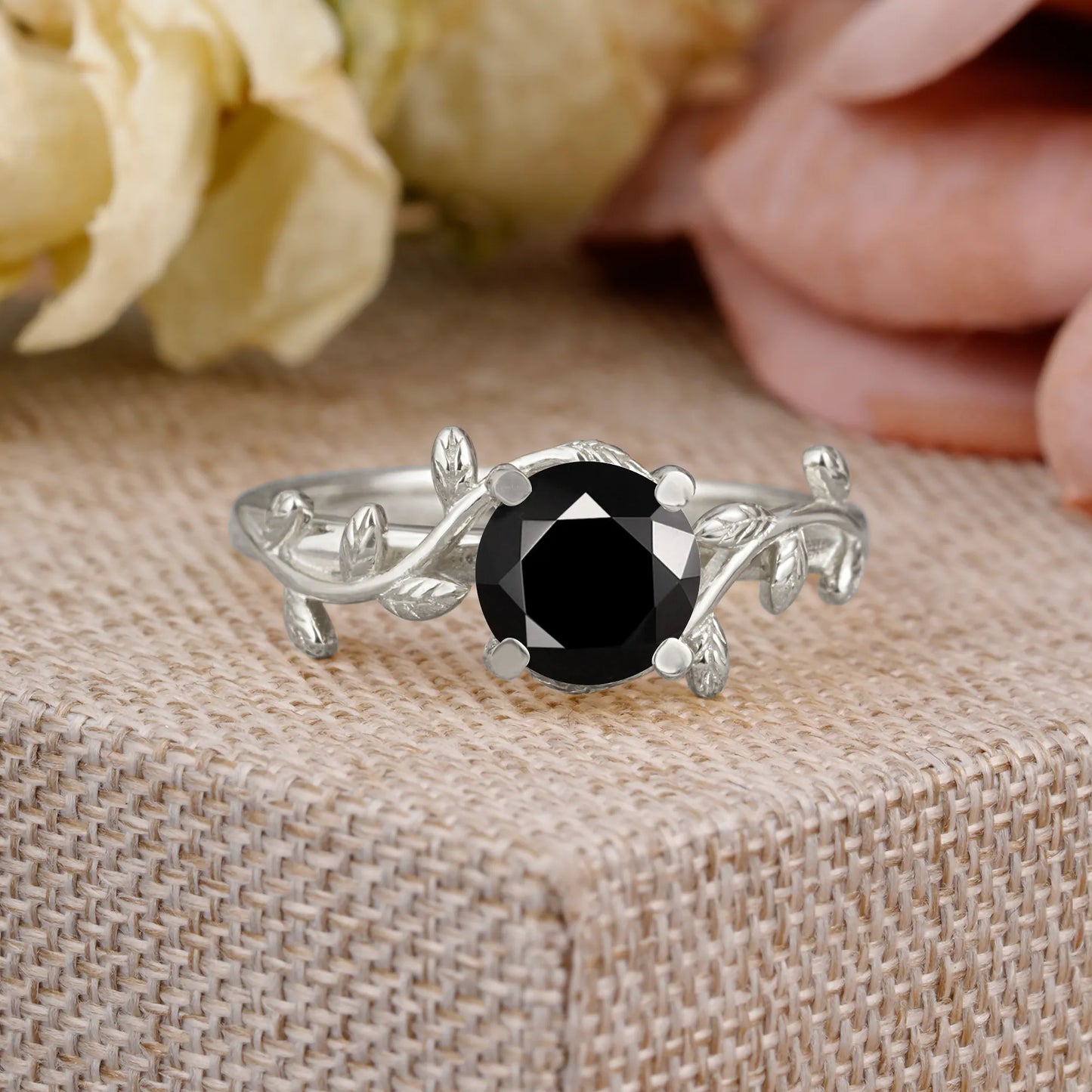 Nature-Inspired Classic 4-Prong Round Black Onyx Engagement Ring