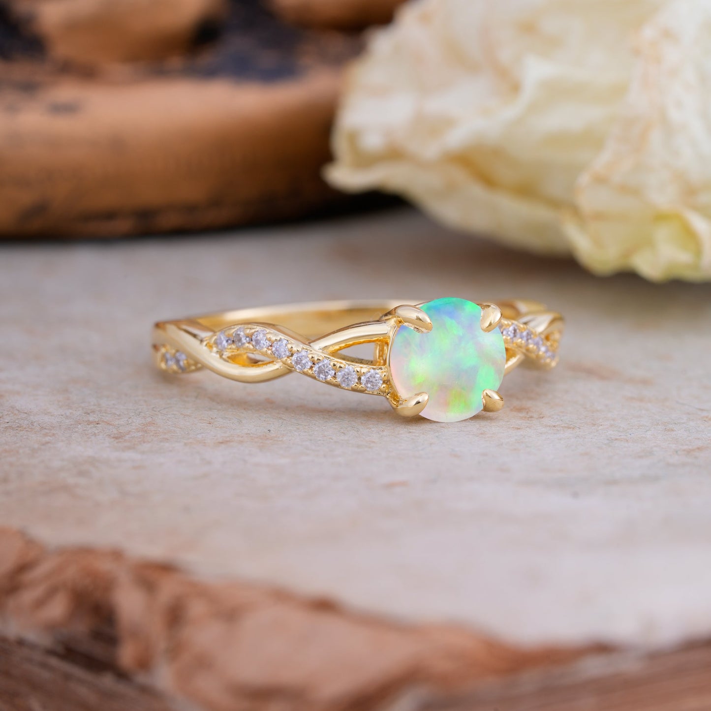 Twisted Vine Rose Gold Opal Engagement Ring with Round Cut