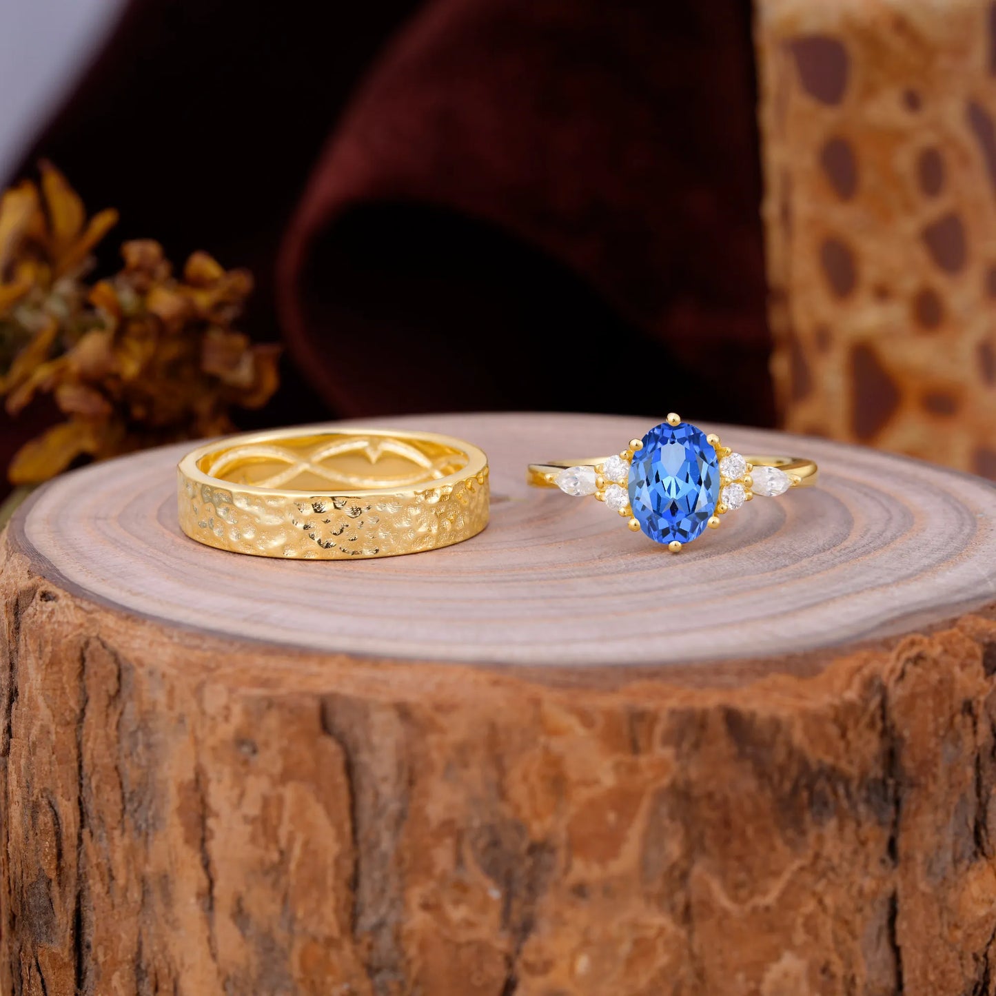 Luxurious 6-Prong Oval-Cut Sapphire Engagement Couple Rings