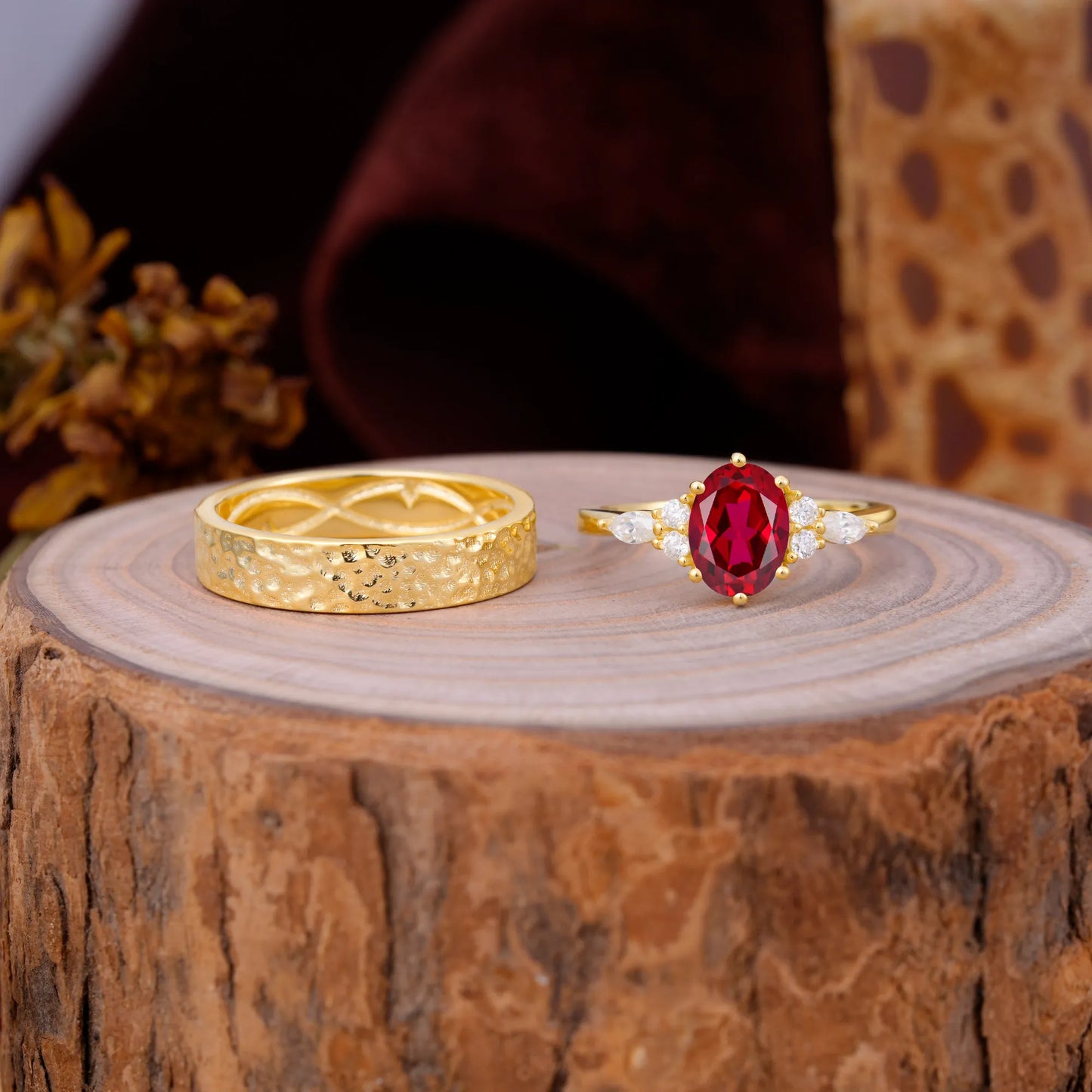 Luxurious 6-Prong Oval-Cut Ruby Engagement Couple Rings