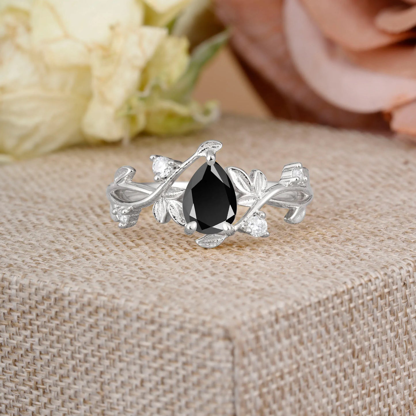 Branch-Inspired 3-Prong Pear-Cut Black Onyx Engagement Ring