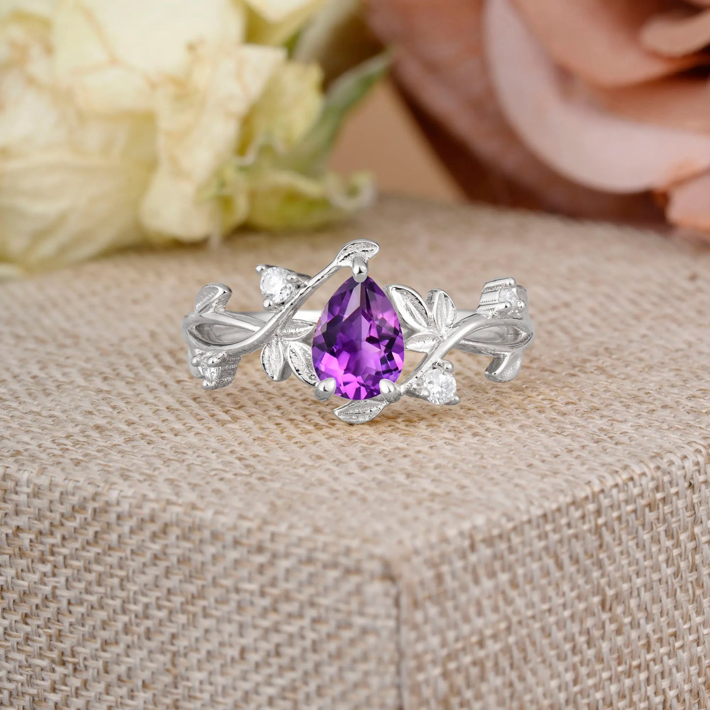 Branch-Inspired 3-Prong Pear-Cut Natural Amethyst Engagement Ring