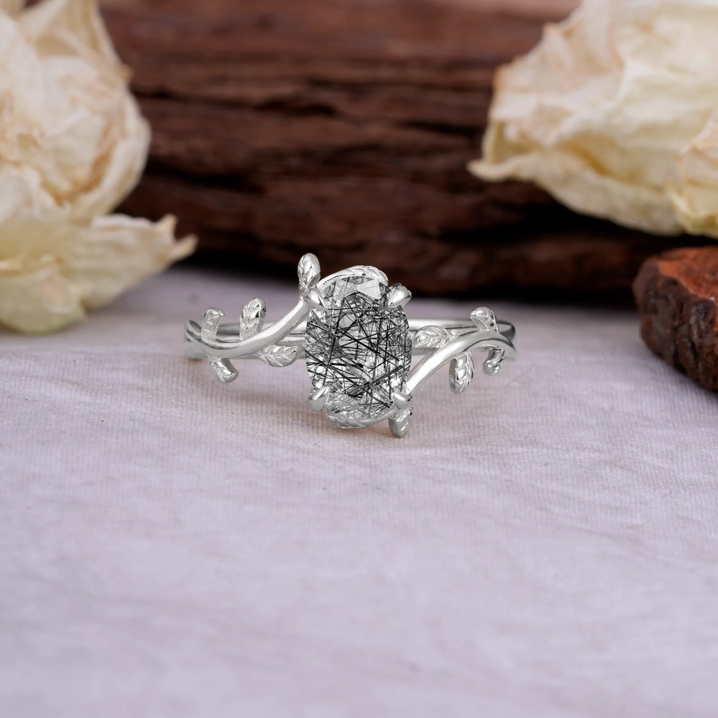 Nature Inspired 4 Prong Oval Cut Black Rutilated Quartz Wedding Ring