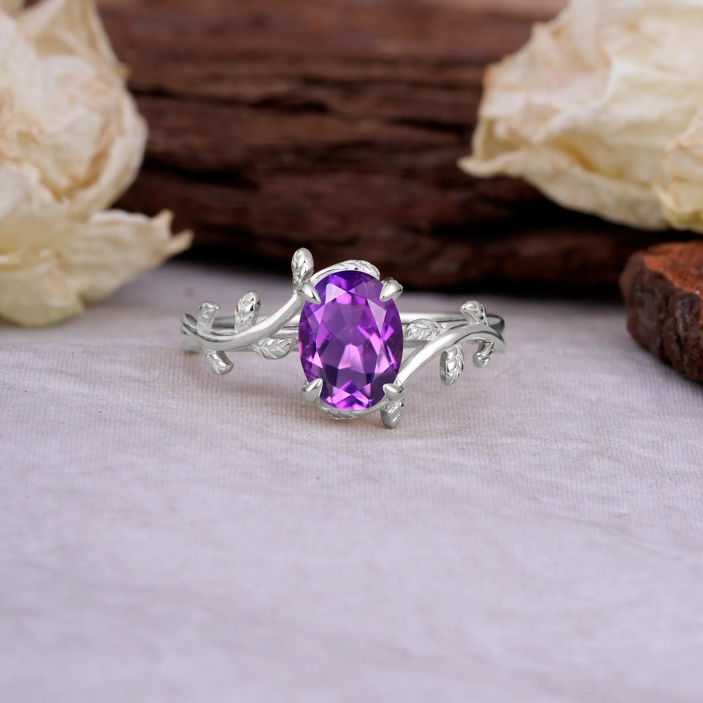 Nature Inspired 4 Prong Oval Cut Amethyst Wedding Ring