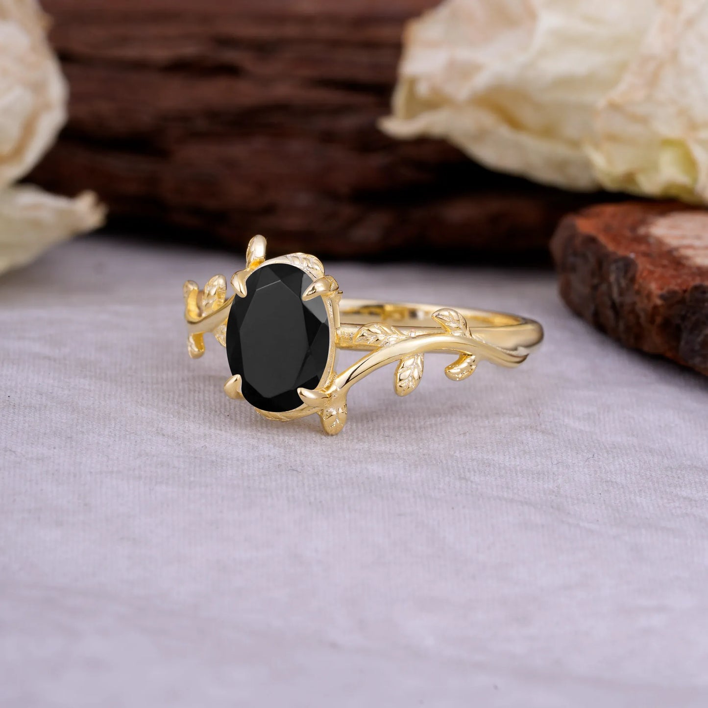 Nature Inspired 4 Prong Oval Cut Black Onyx Wedding Ring