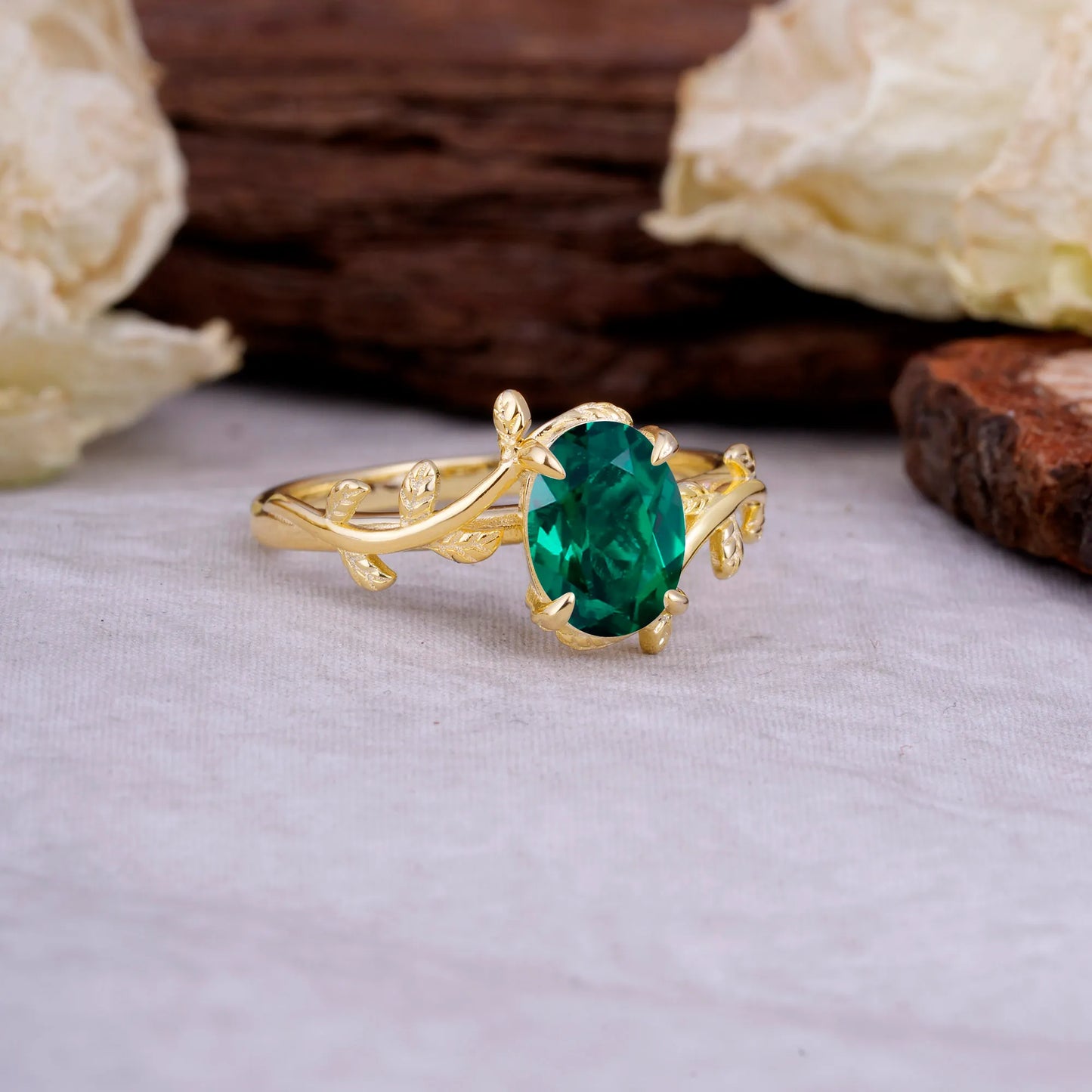Nature Inspired 4 Prong Oval Cut Emerald Wedding Ring