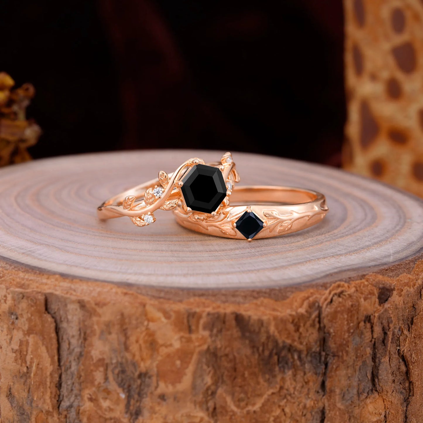 Luxurious Nature Inspired 6-Prong Hexagonal-Cut Black Onyx Engagement Couple Rings