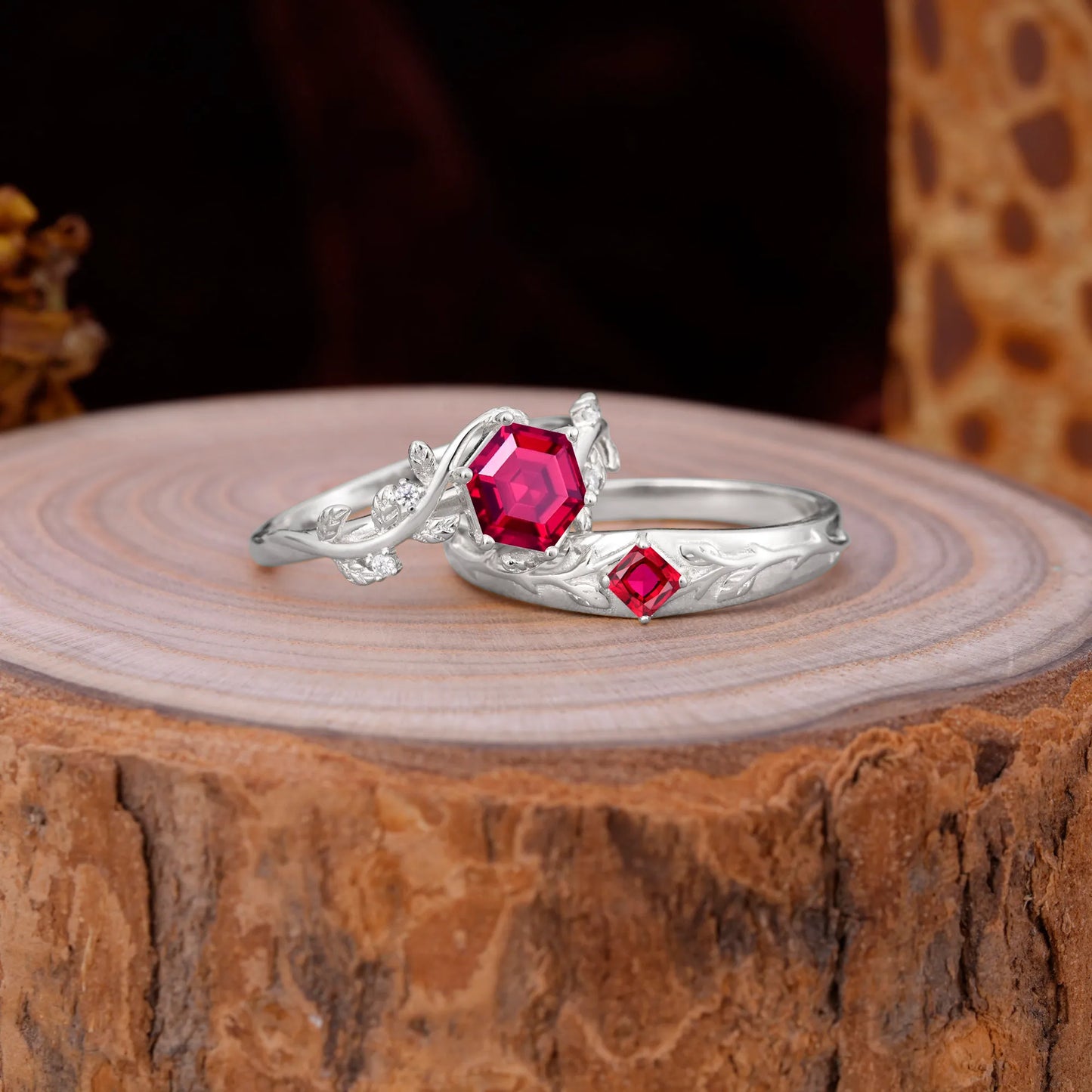 Luxurious Nature Inspired 6-Prong Hexagonal-Cut Ruby Engagement Couple Rings